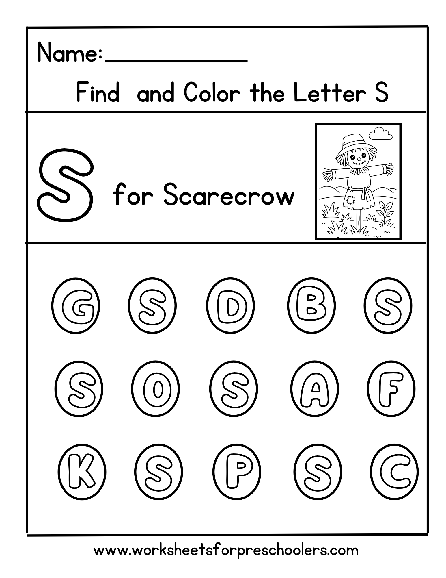 Find & Color the Letter S – Scarecrow Theme
