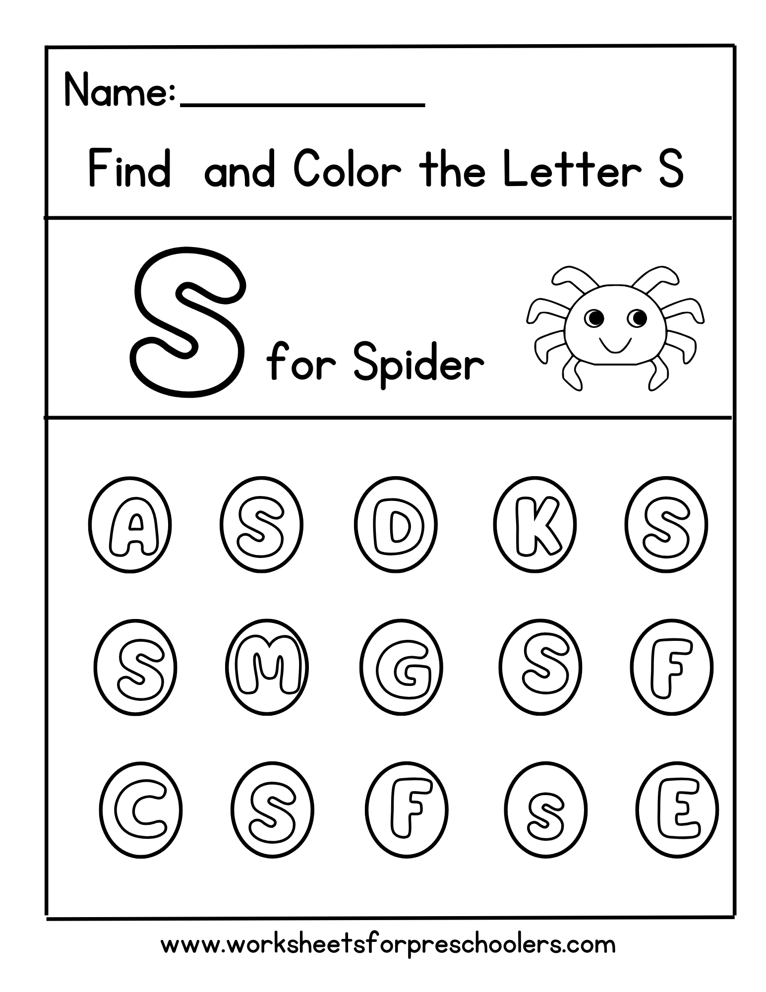 Find and Color Letter S for Spider Worksheet