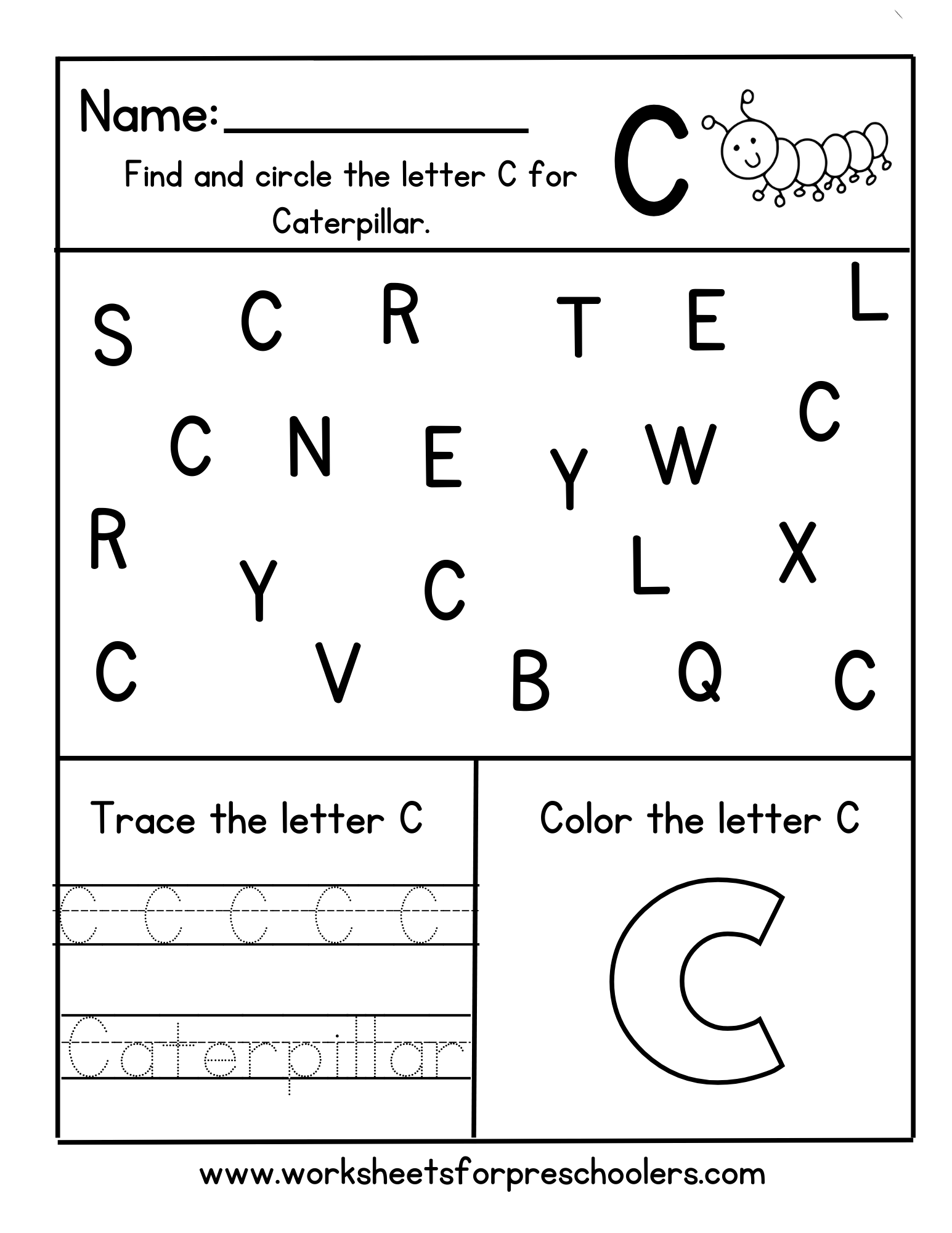 Find and Circle Letter C for Caterpillar Worksheet 