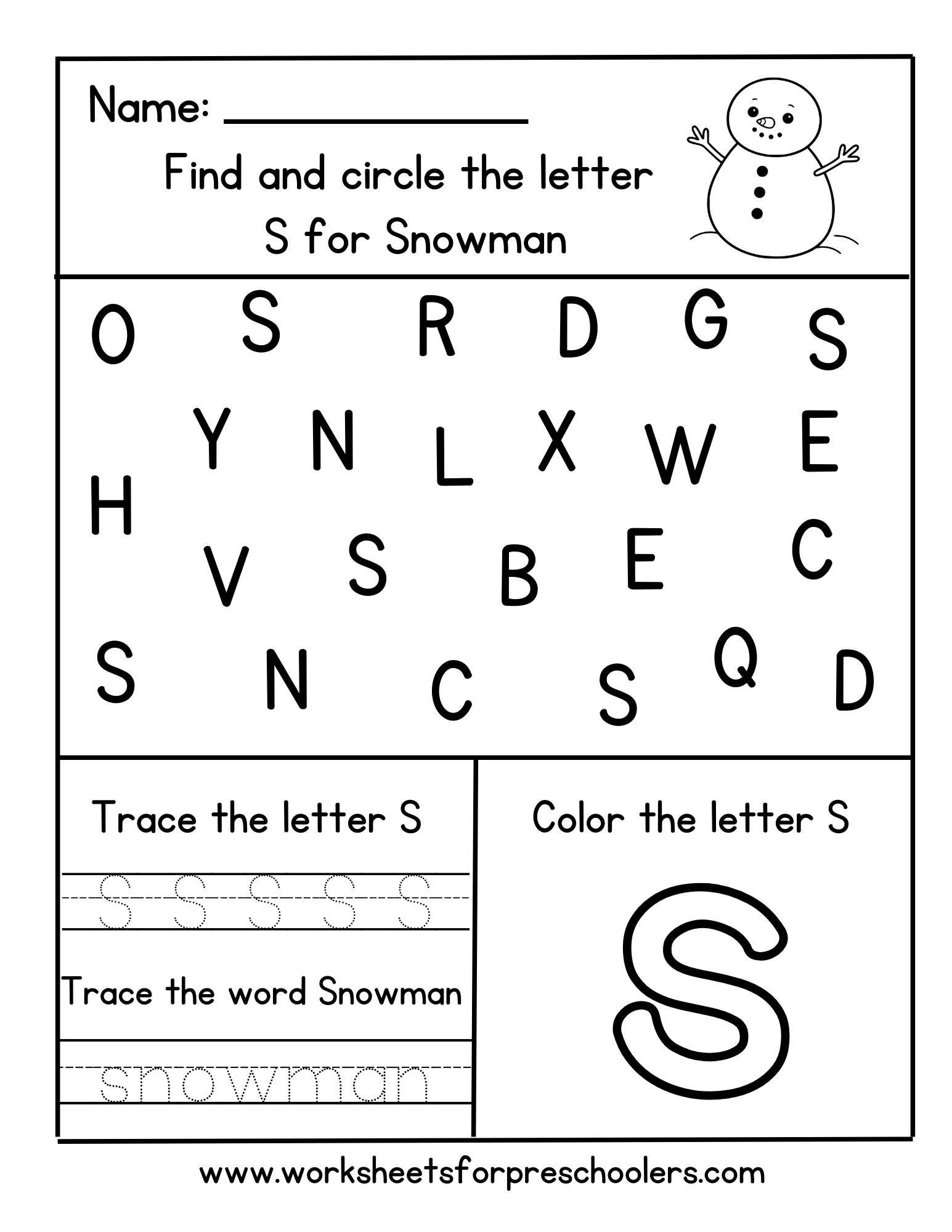 S for Snowman Worksheet