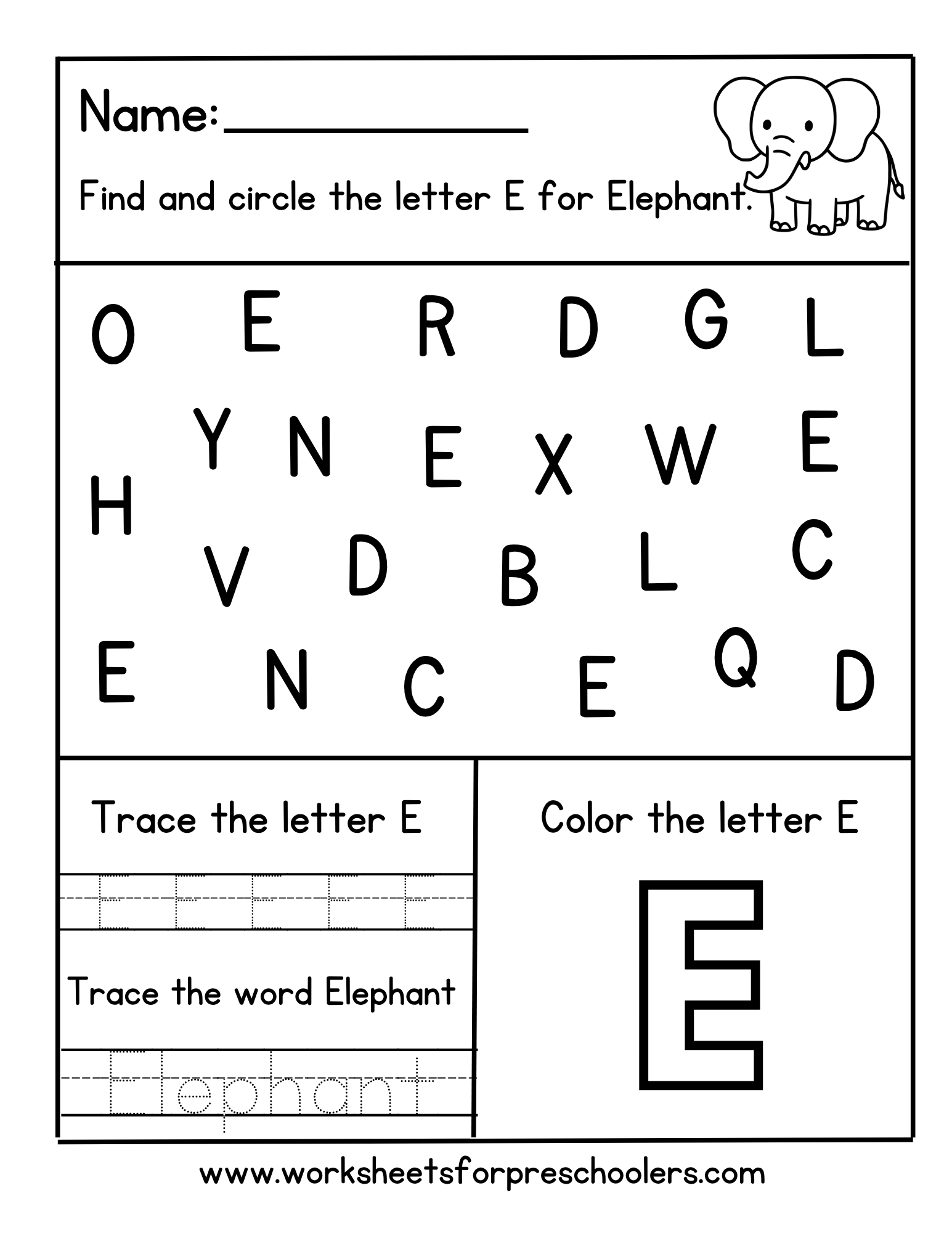 Letter E for Elephant Coloring & Tracing