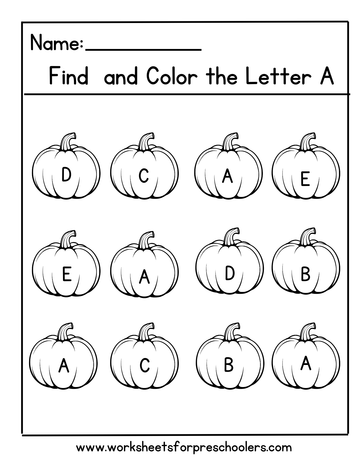 Find Letter A Activity Worksheet Pumpkin