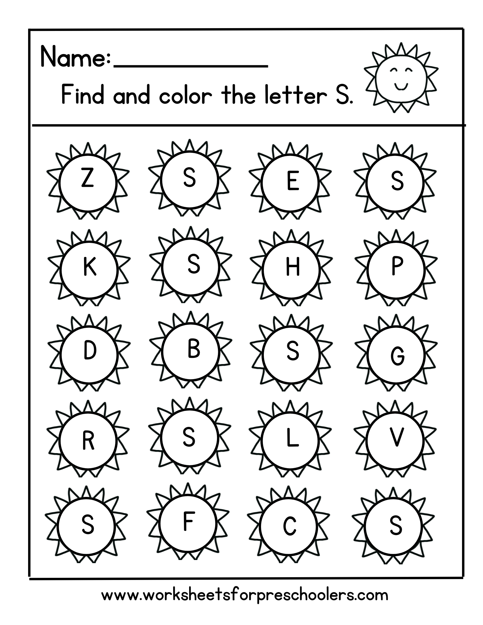 Find and Color Letter S for Sun Worksheet, Find and Color Letter S for Sun Worksheet,