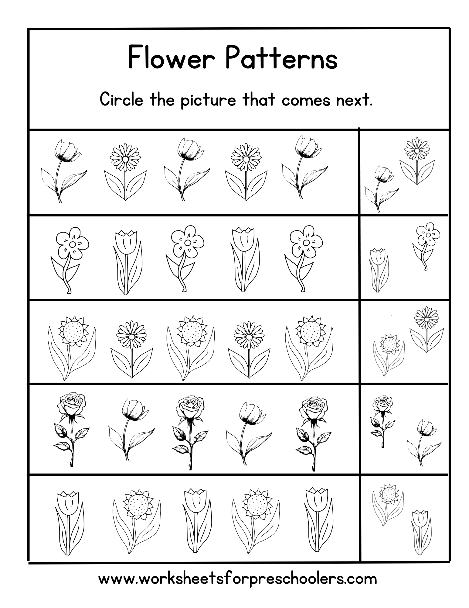 Flower Theme Pattern Completion Worksheet