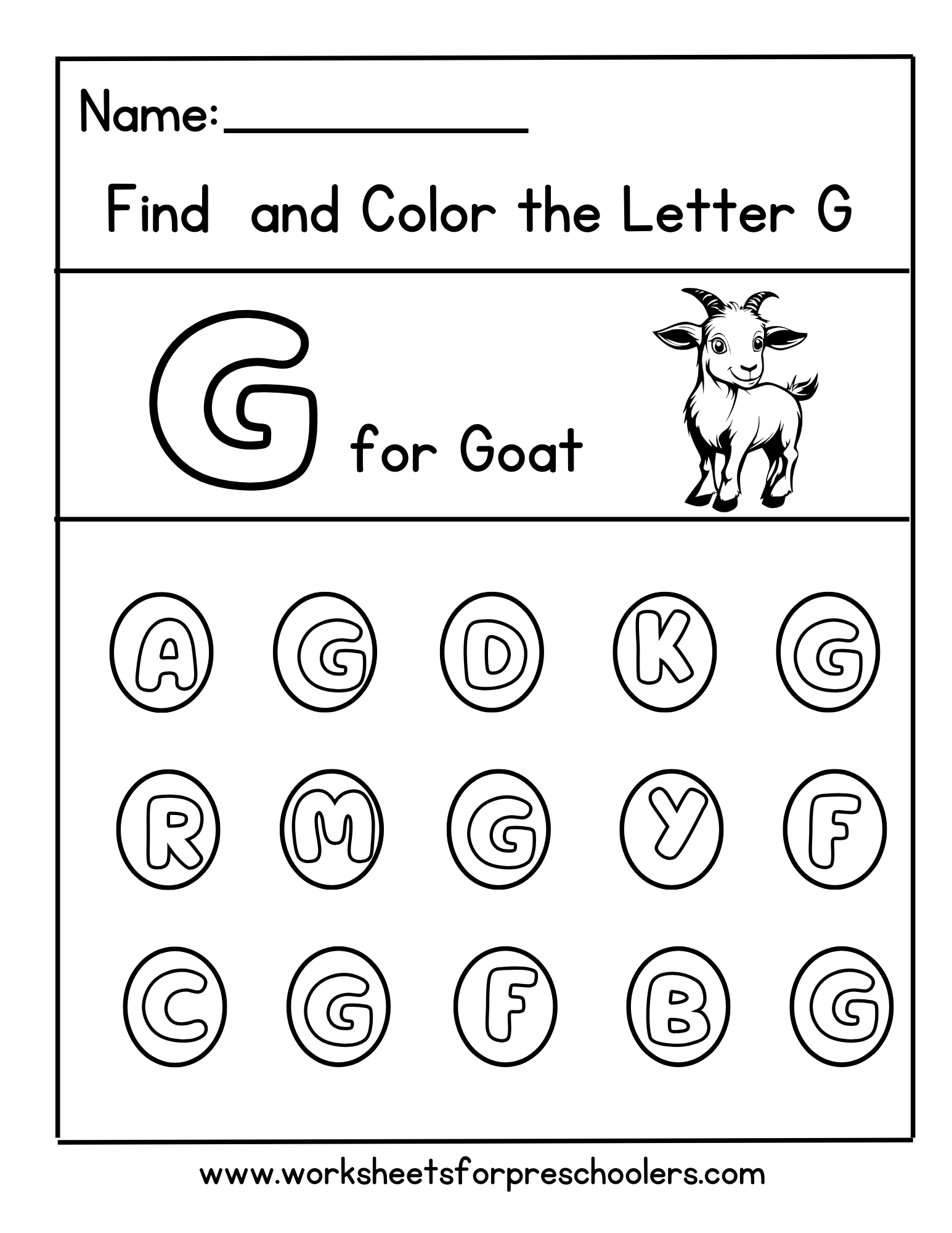 Find and Color Letter G for Goat Workshee