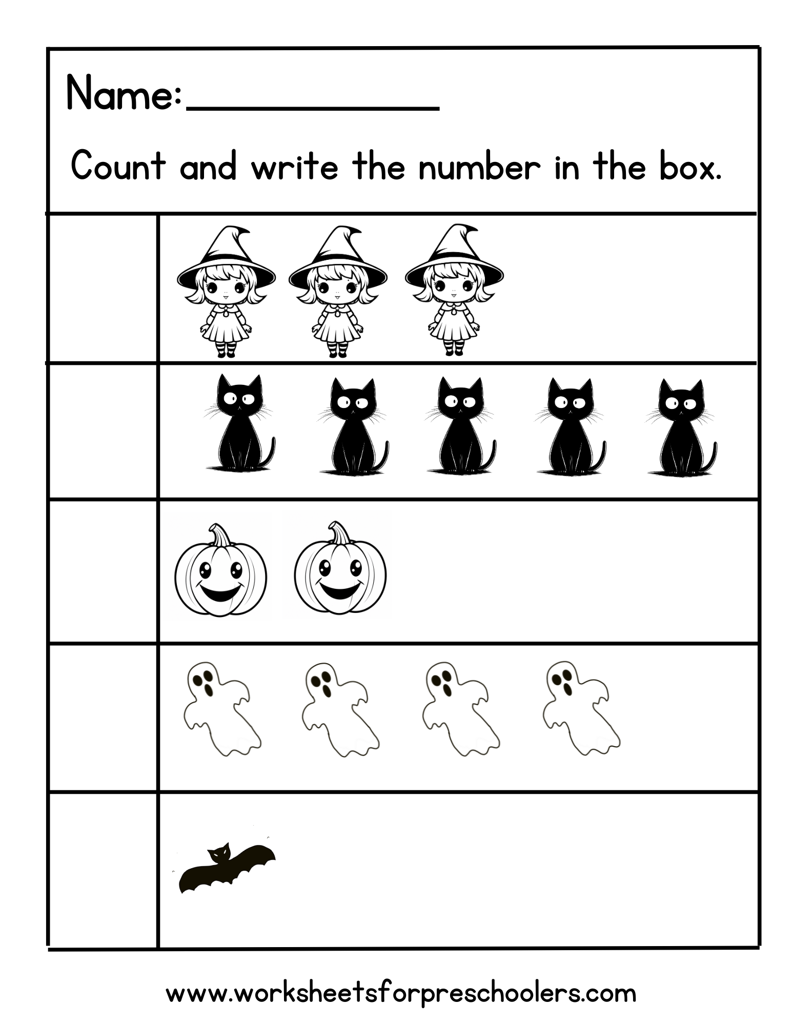 Halloween Count and Write Math Worksheet Preschool