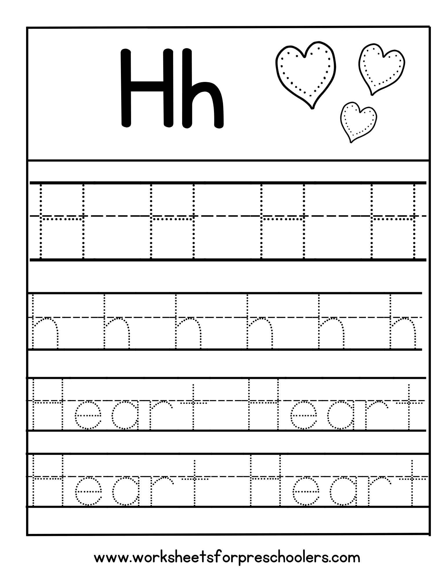 Letter H  for Heart Tracing Worksheet