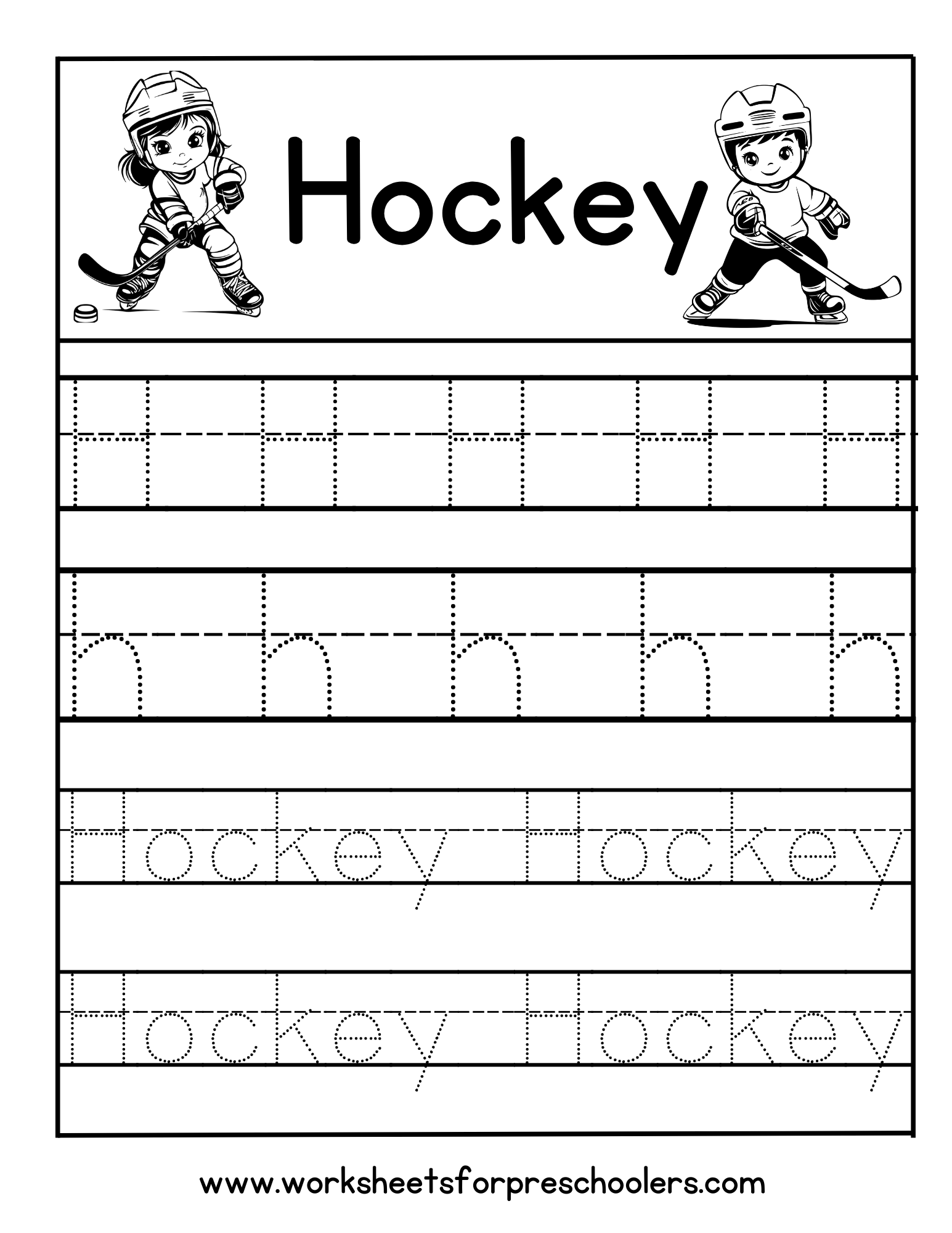 Letter H for Hockey Tracing Worksheet 