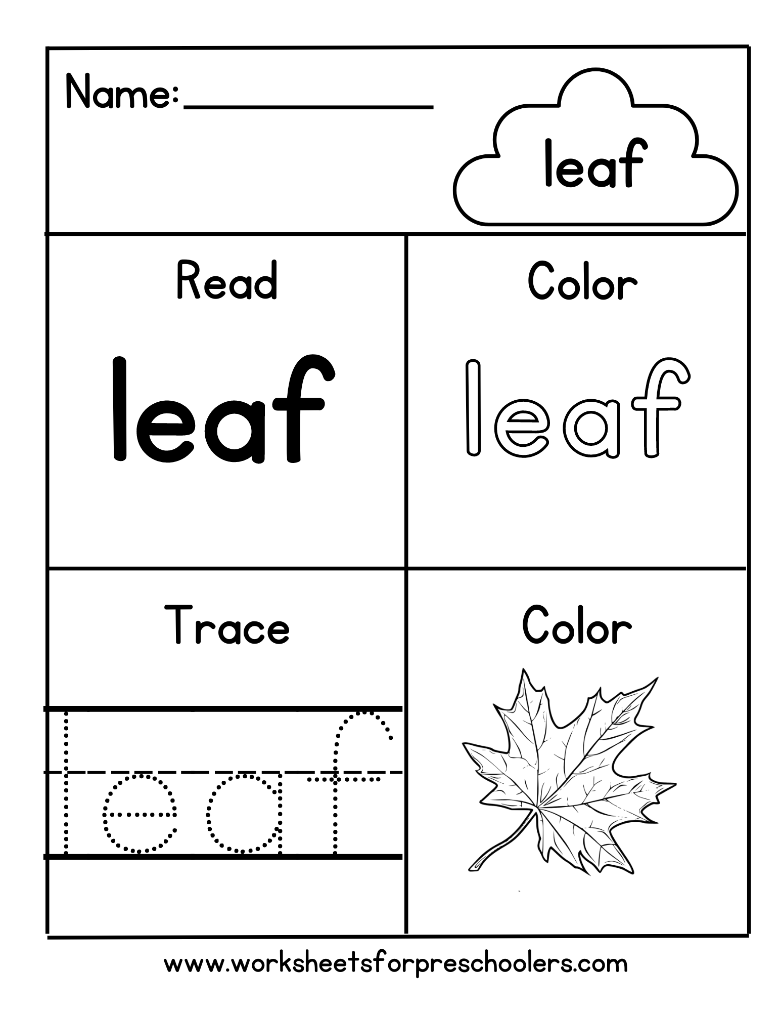 Preschool Color Trace Sight Word Leaf Worksheet