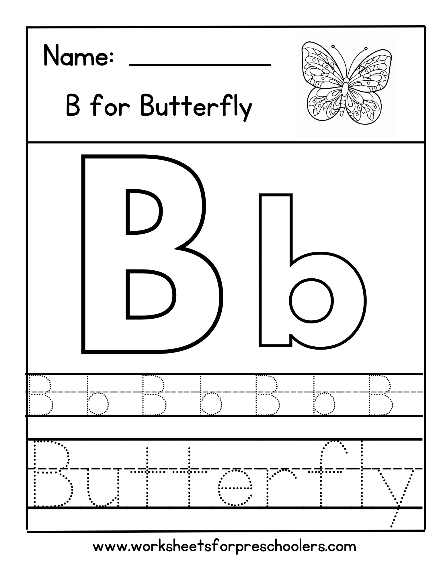 B for Butterfly Letter Tracing Worksheet