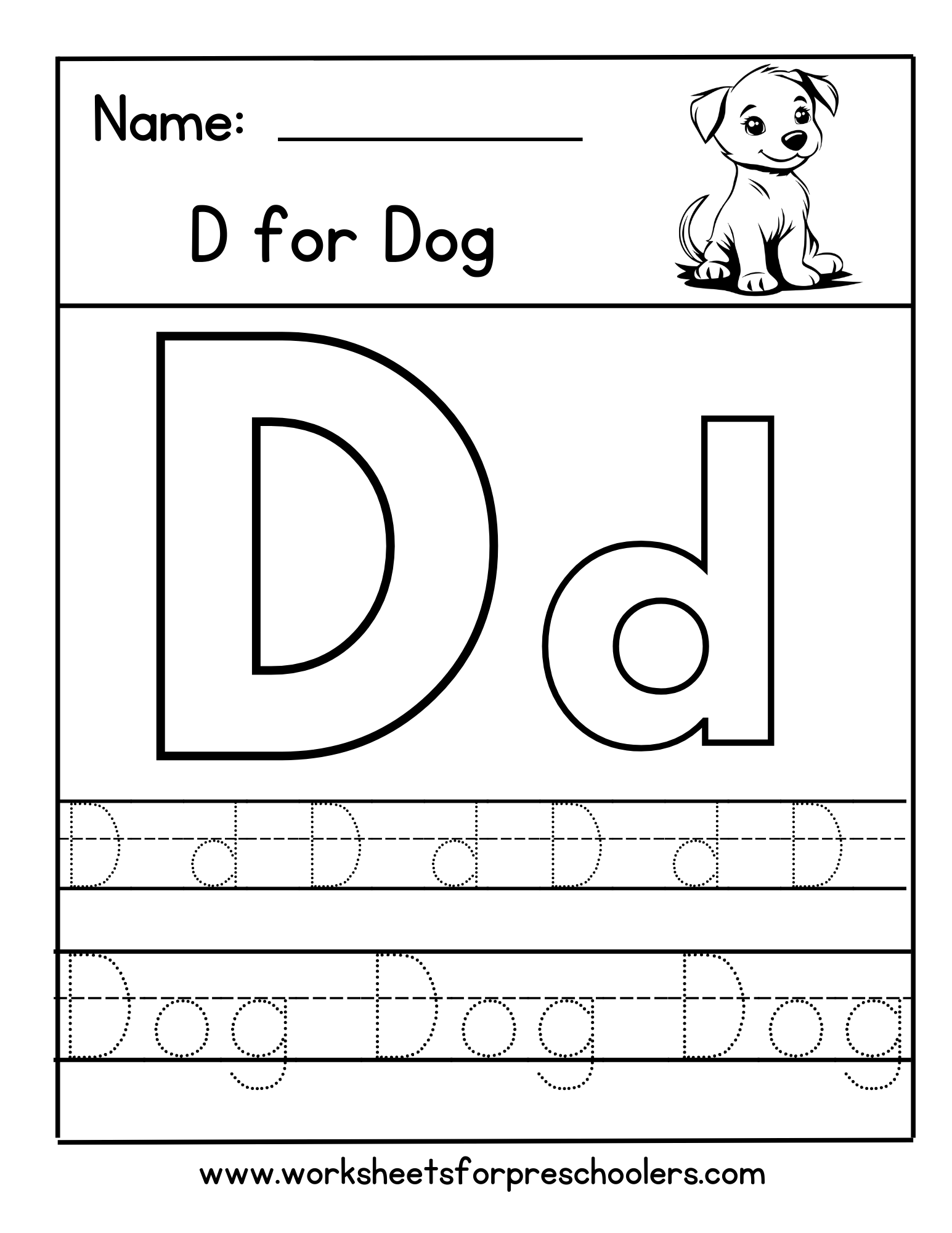 D for Dog Letter Tracing Worksheet 