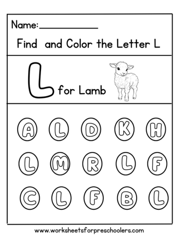 Find and Color Letter L for Lamb Worksheet