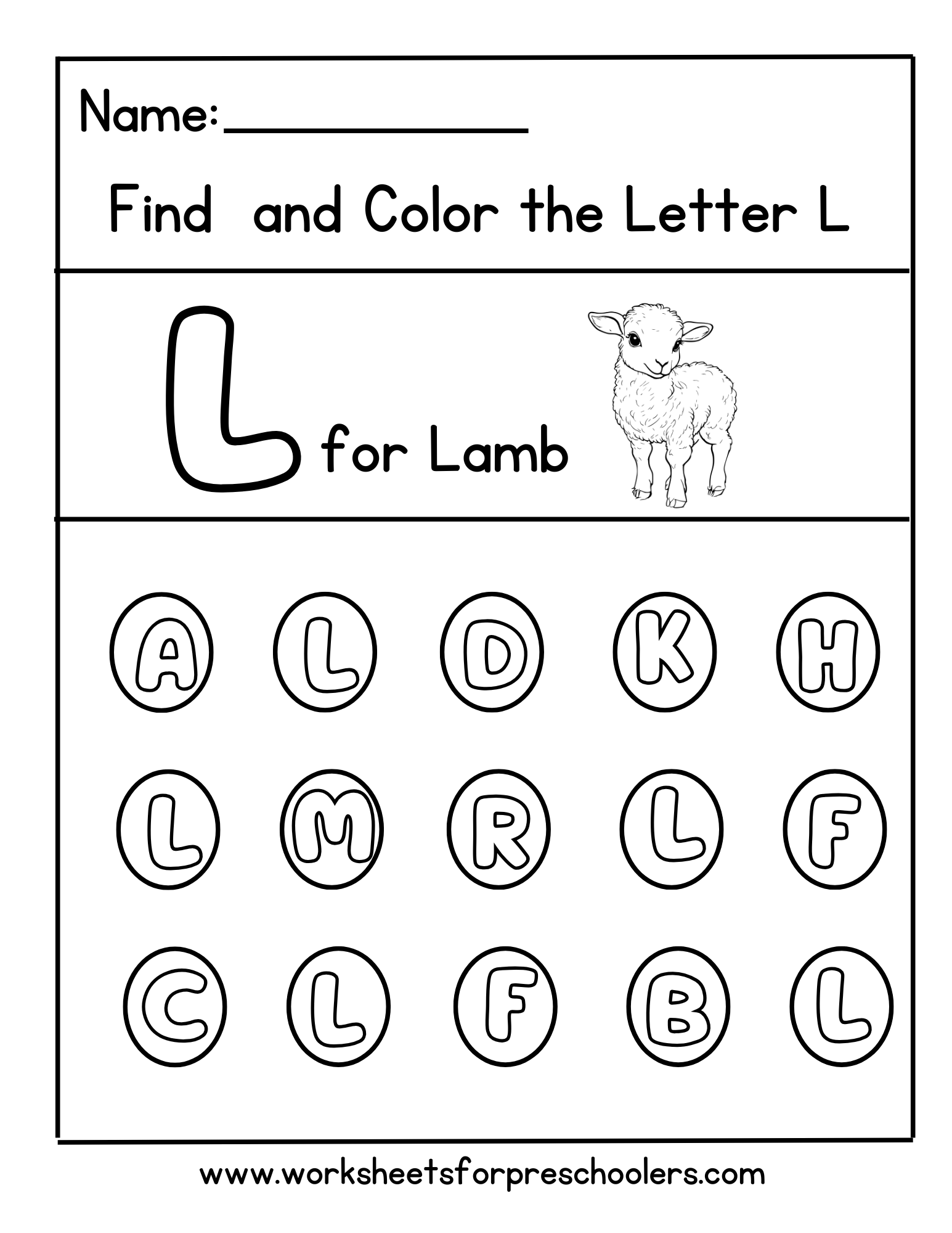 Find and Color Letter L for Lamb Workshee