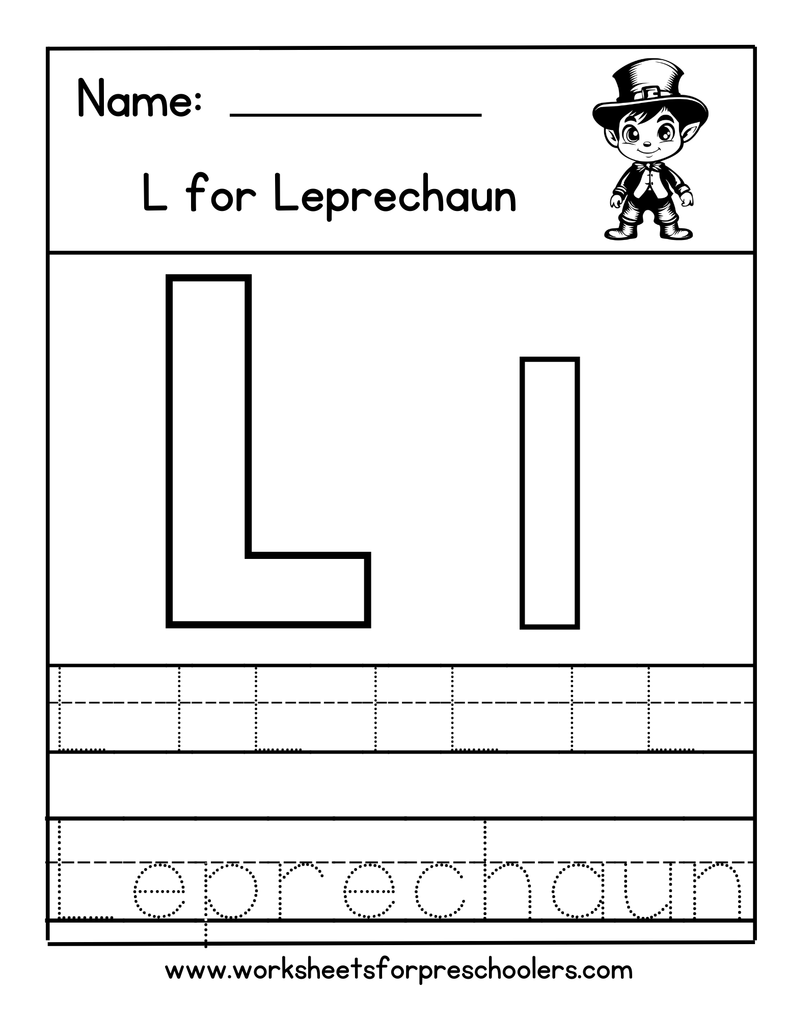 Letter L for Leprechaun Tracing Worksheet Letter L for Leprechaun Tracing Worksheet