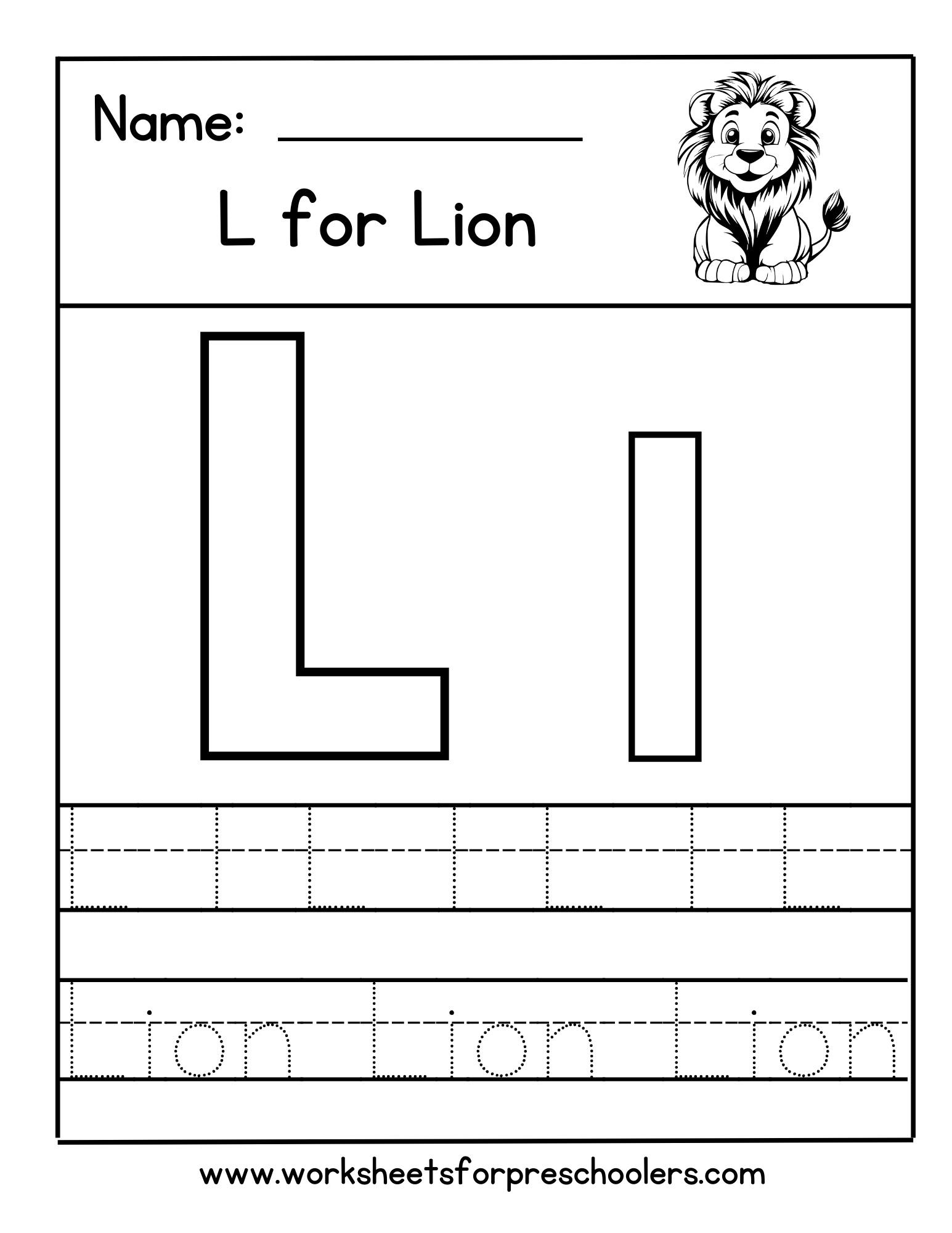 L for Lion Letter Tracing Worksheet 