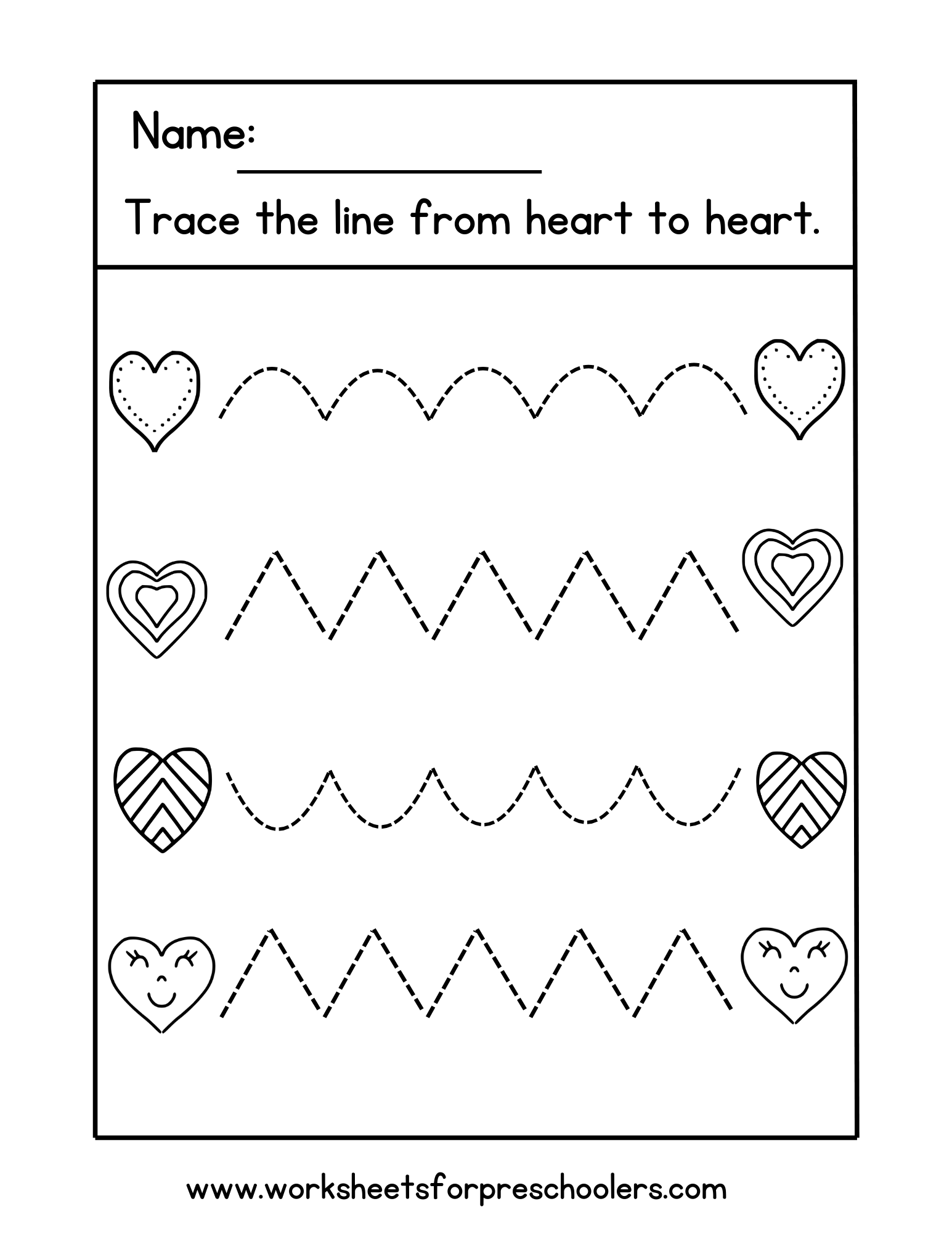 Valentine Hearts Line Tracing Worksheet