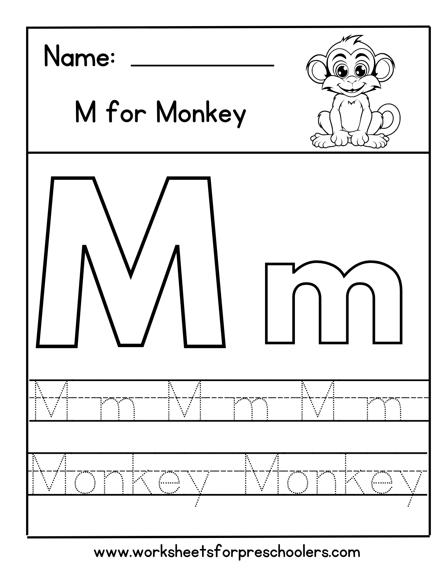 M for Monkey Letter Tracing Worksheet 