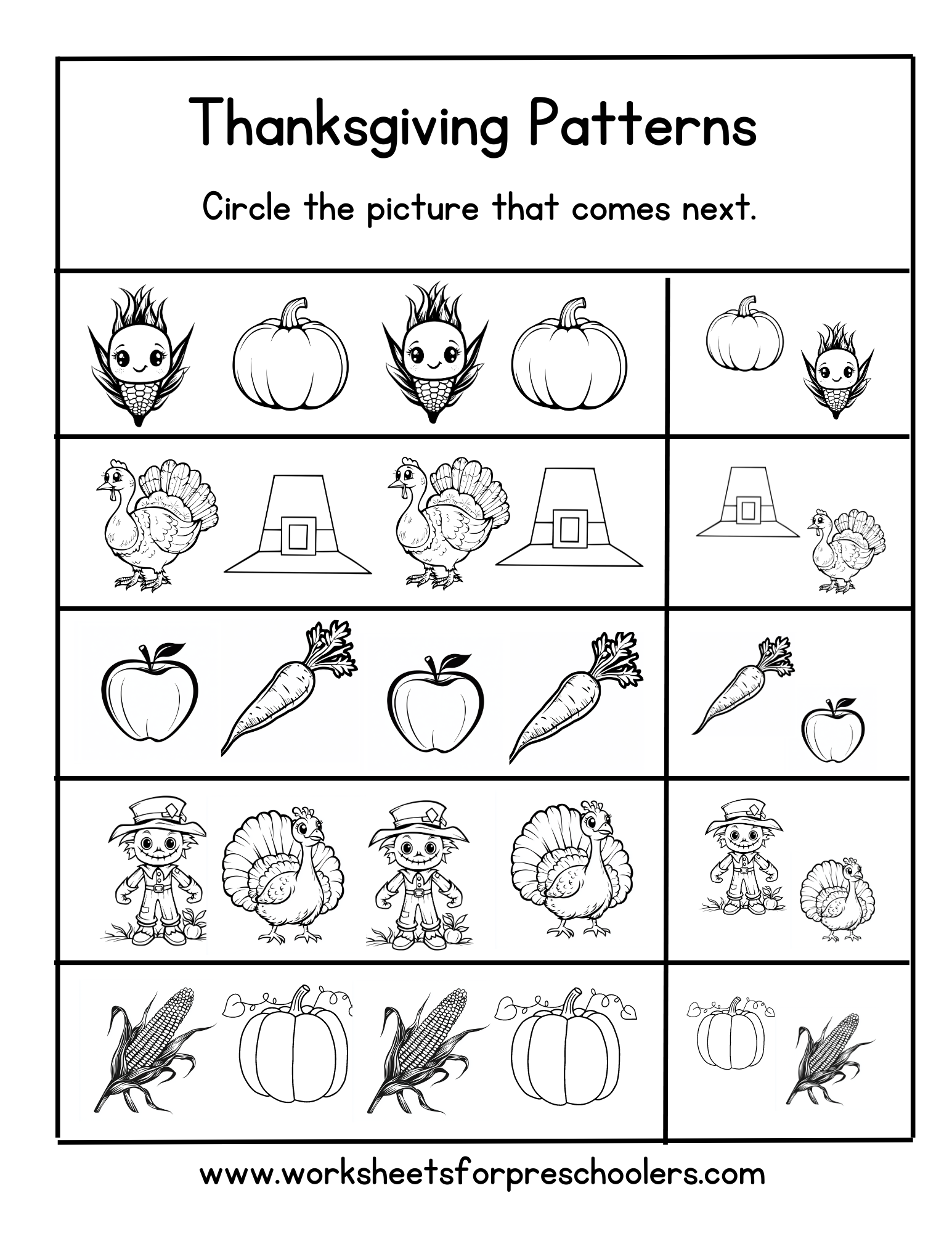 Thanksgiving Pattern Completion Worksheet