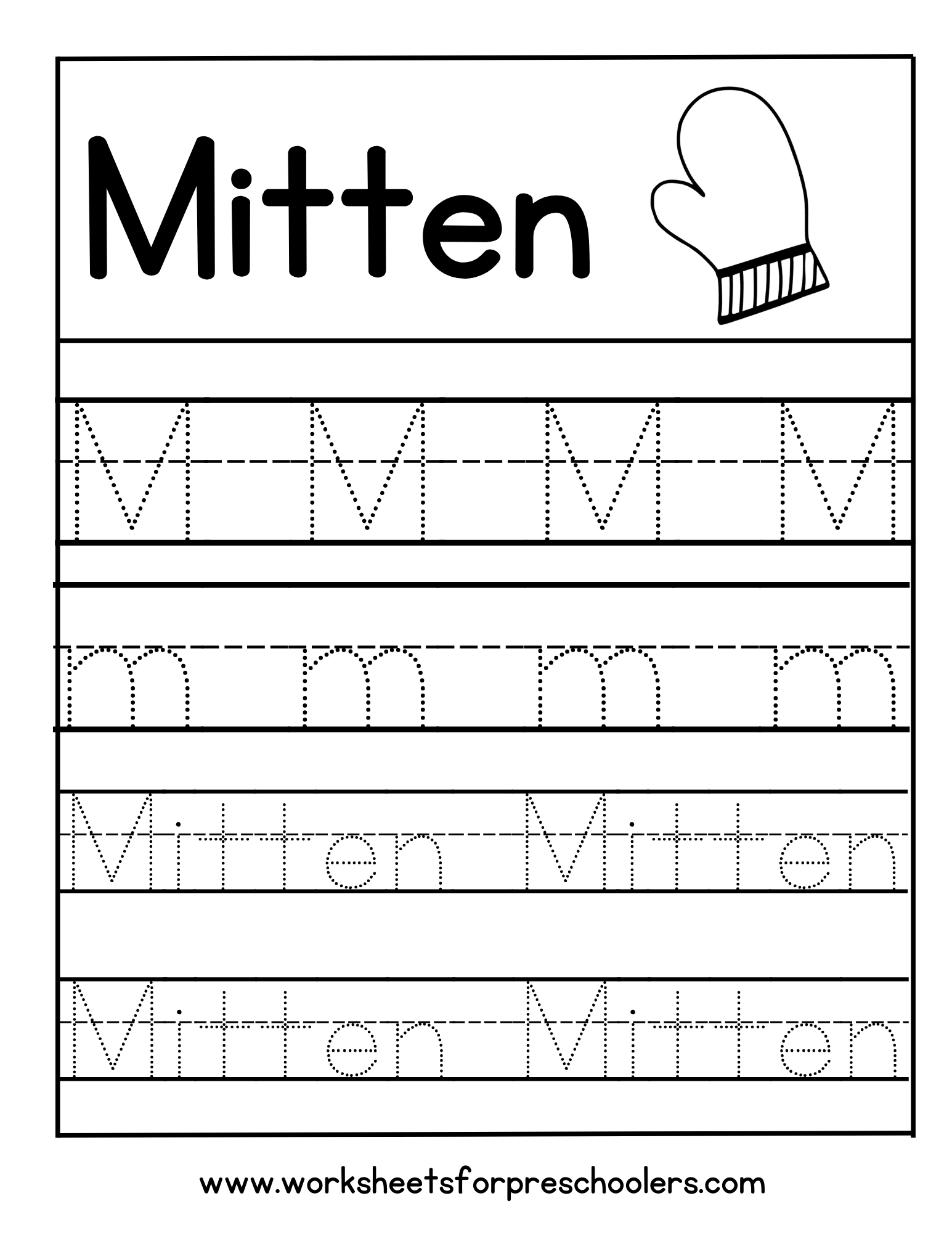 Letter M for Mitten Tracing Worksheet