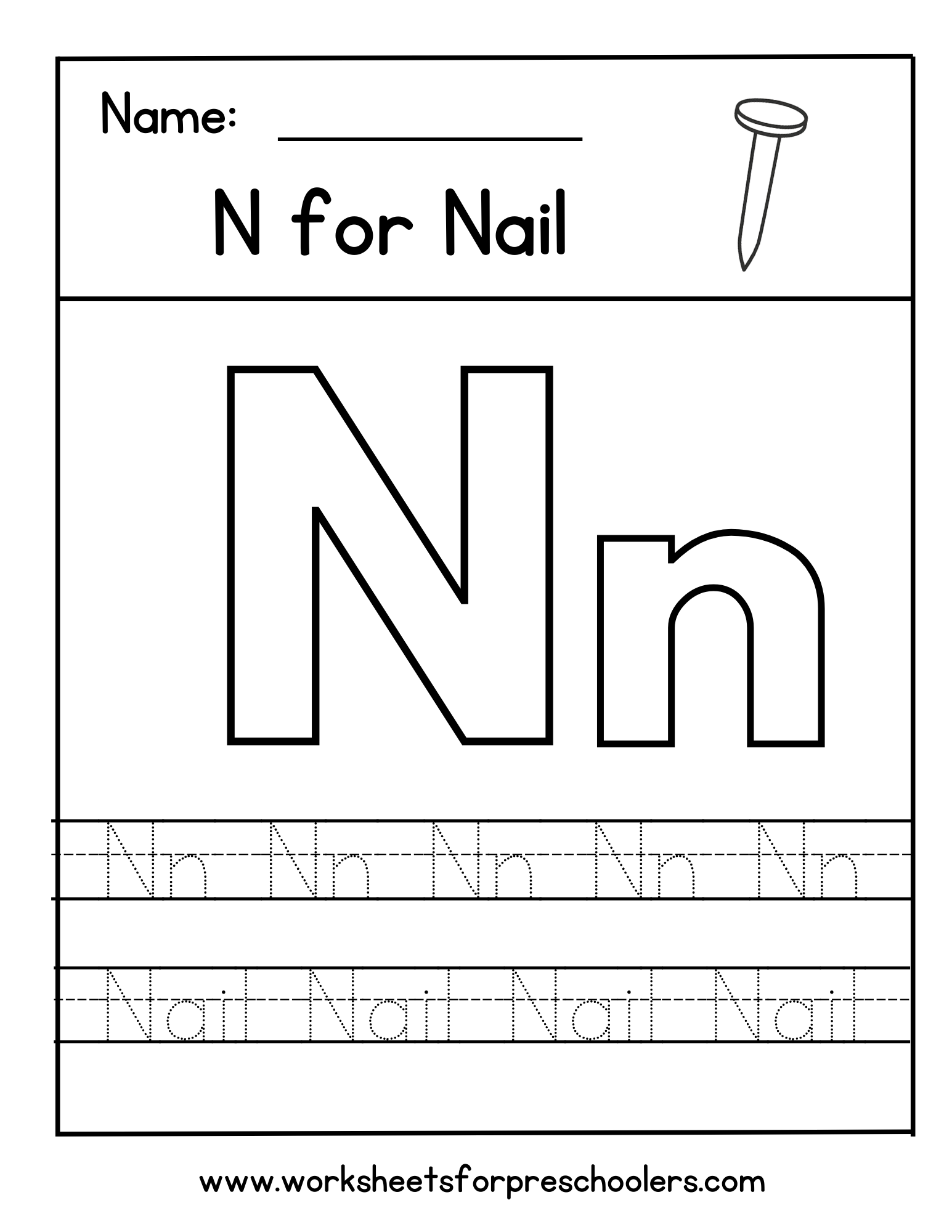 Letter N for Nail Tracing Worksheet