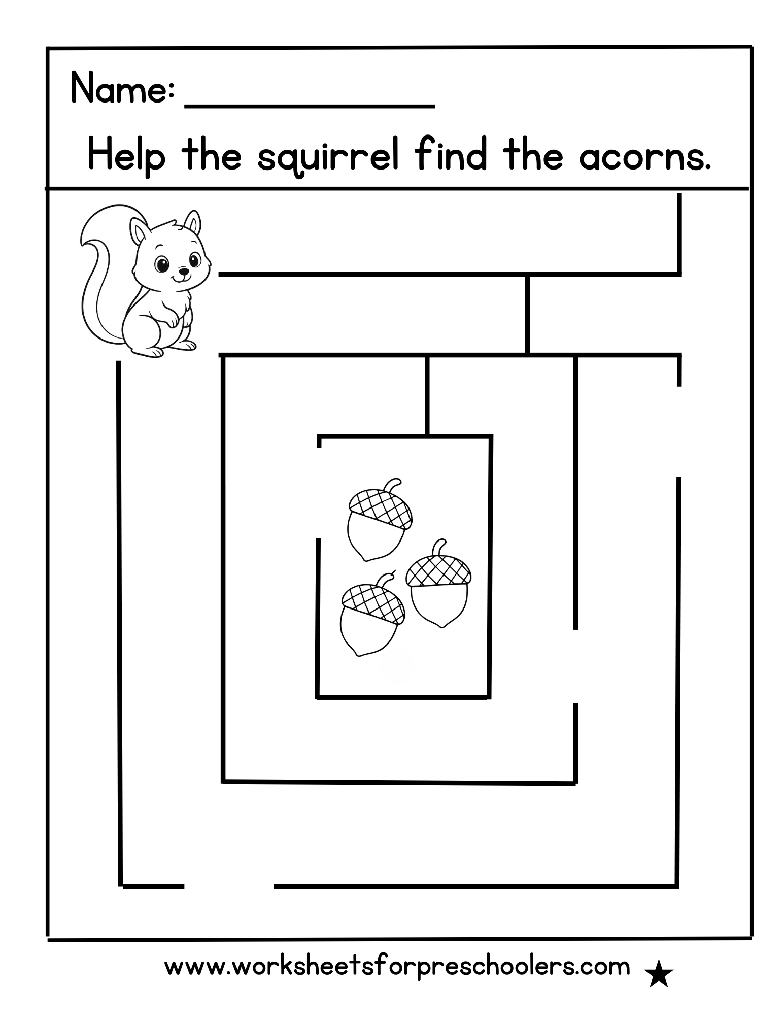 Squirrel and Acorn Maze Workshe