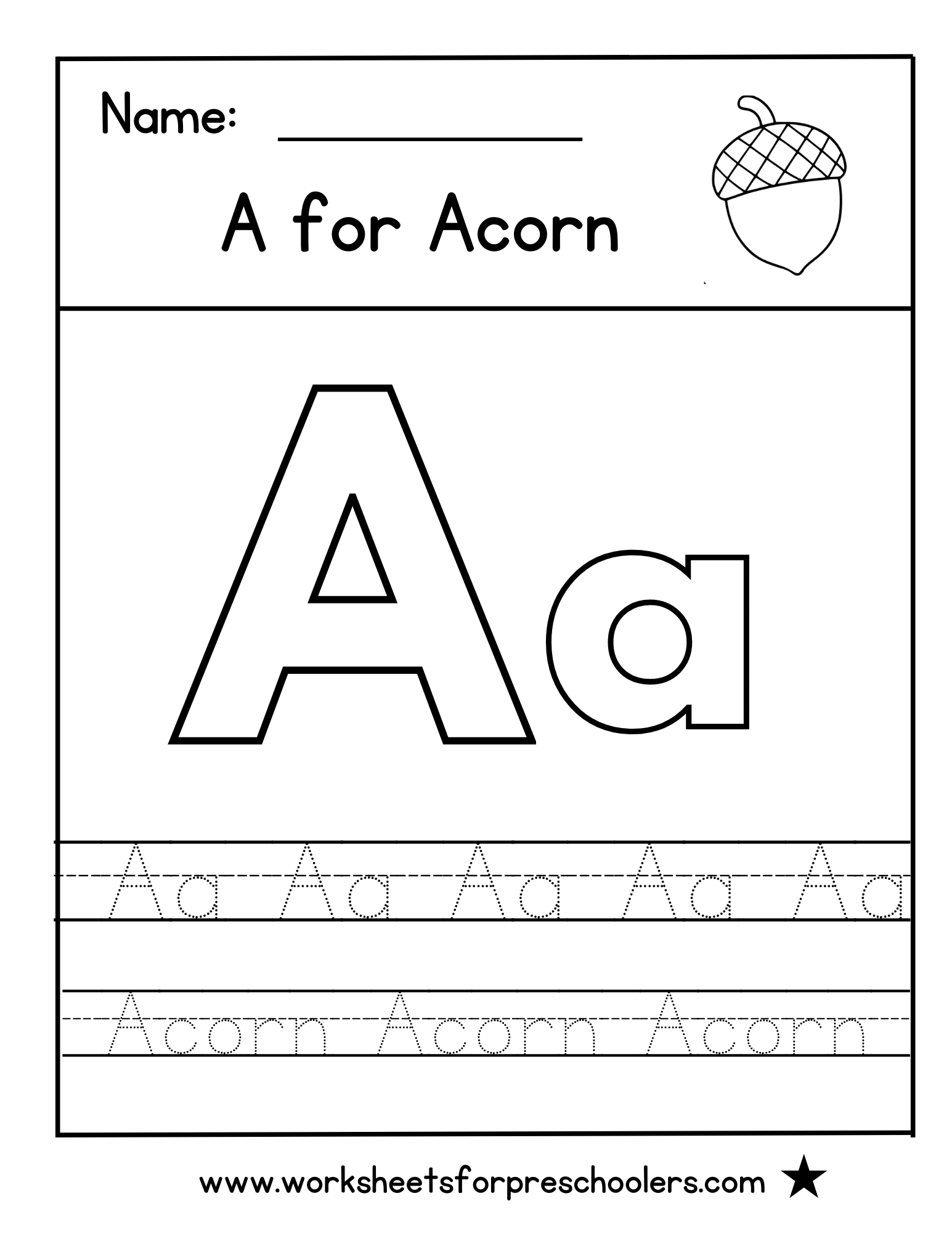 Letter A for Acorn Tracing Worksheet