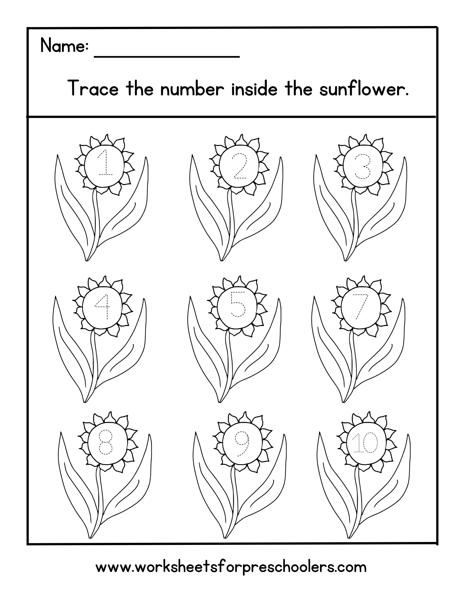 Sunflower Number Tracing Worksheet