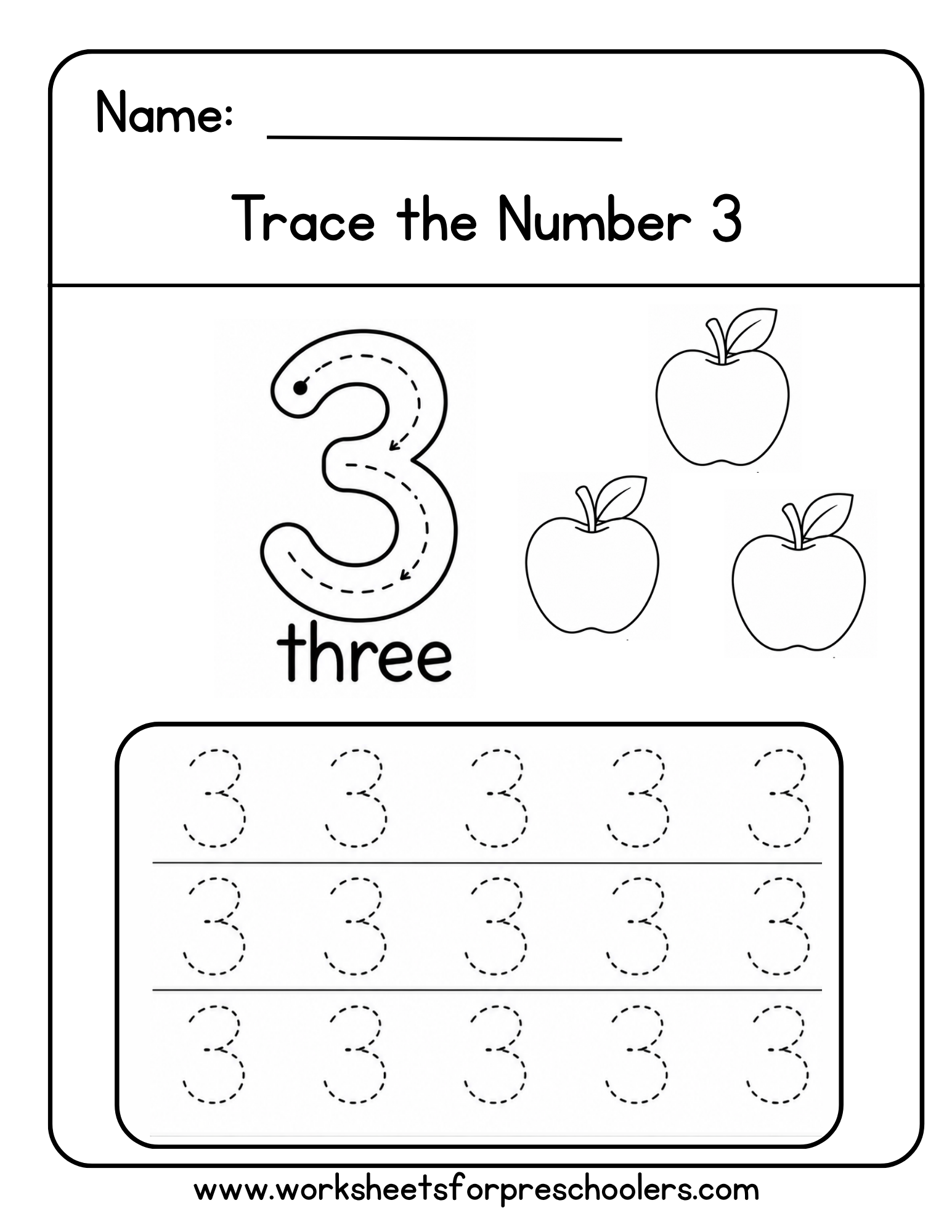 Number 3 Tracing Worksheet Number 3 Tracing Worksheet