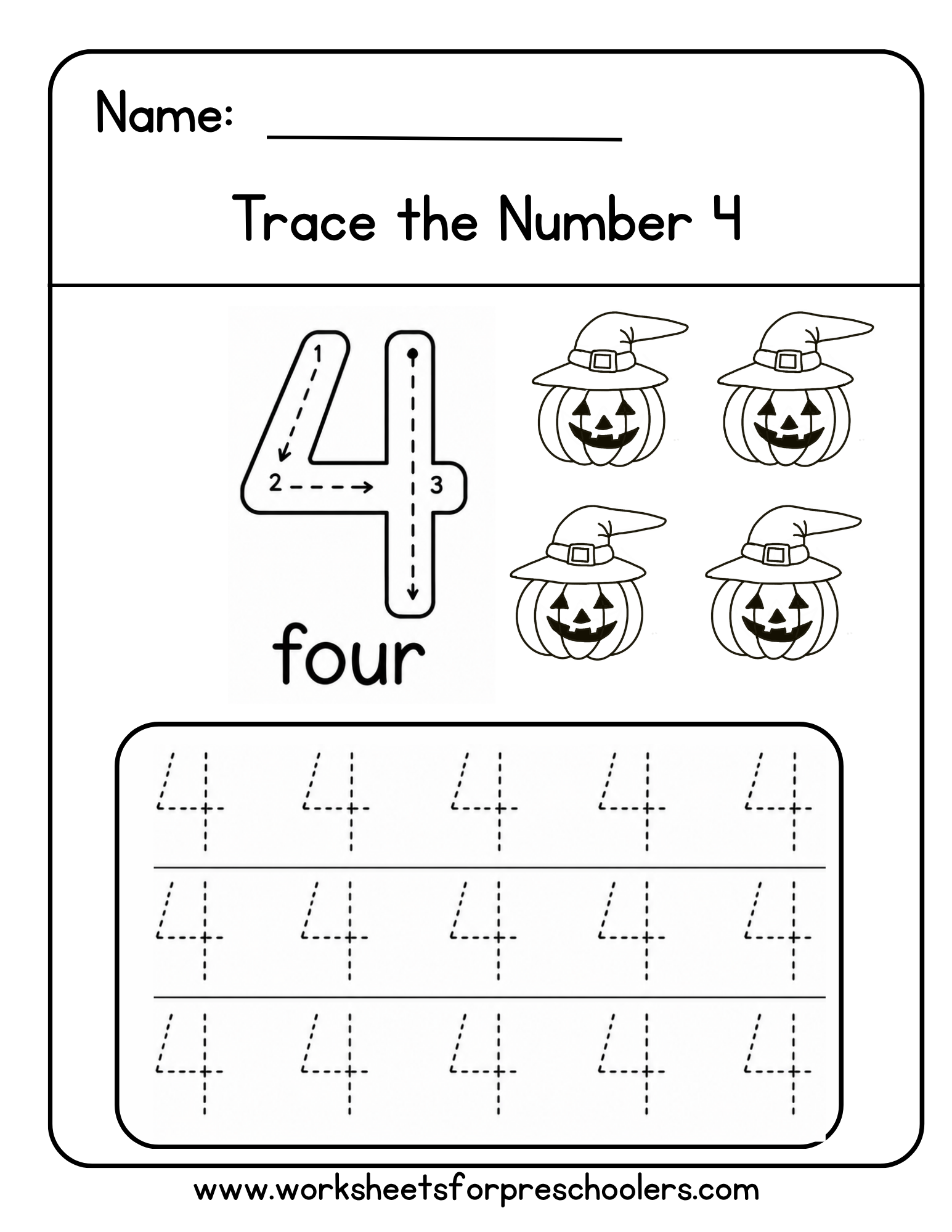 Number 4 Tracing Worksheet