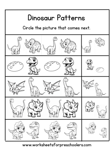 Dinosaur Theme Pattern Completion Worksheet