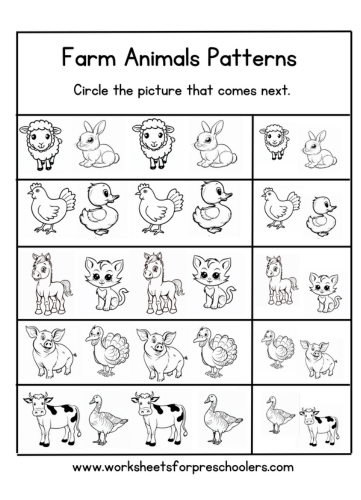 Farm Animal Pattern Completion Worksheet