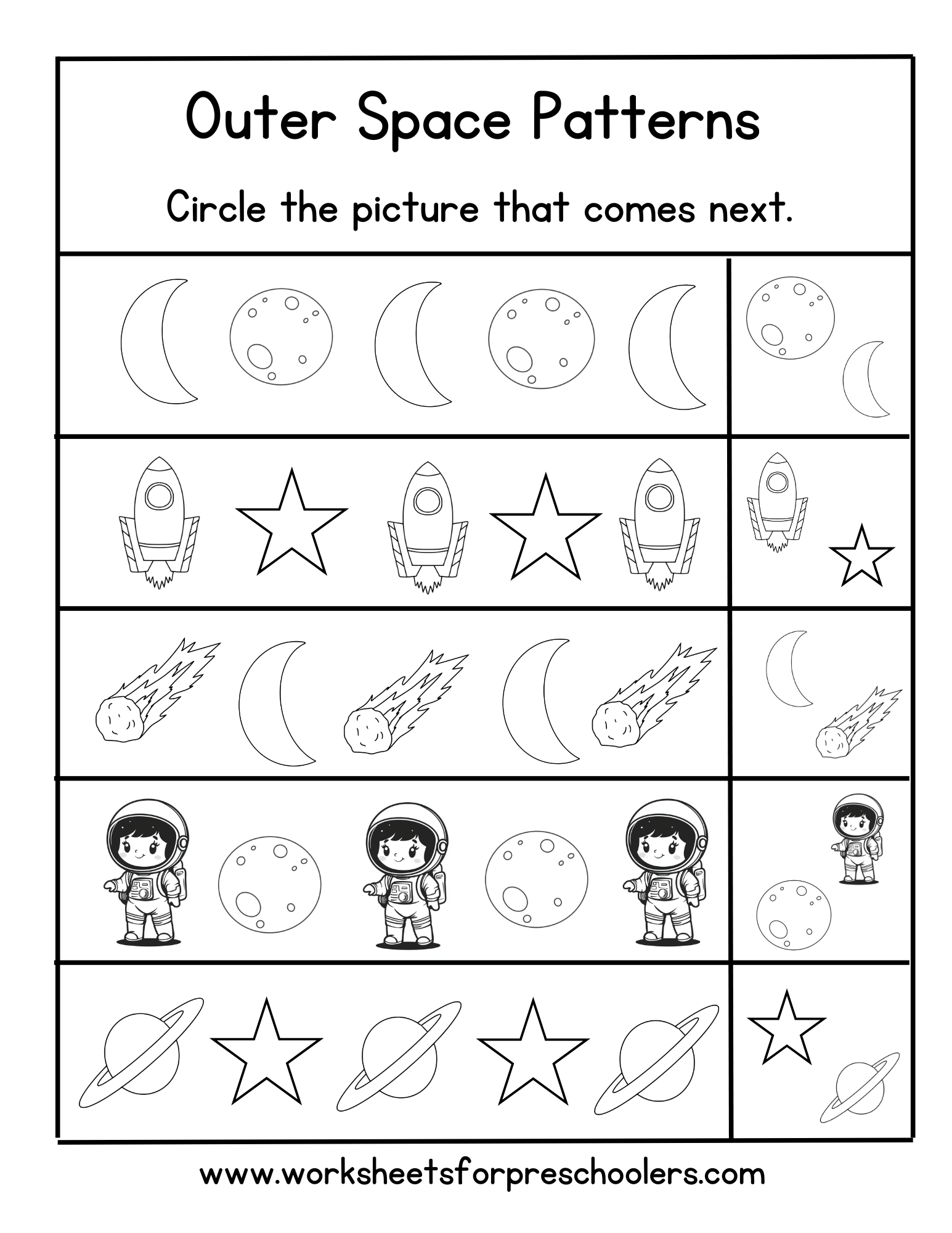 Space Theme Pattern Completion Worksheet