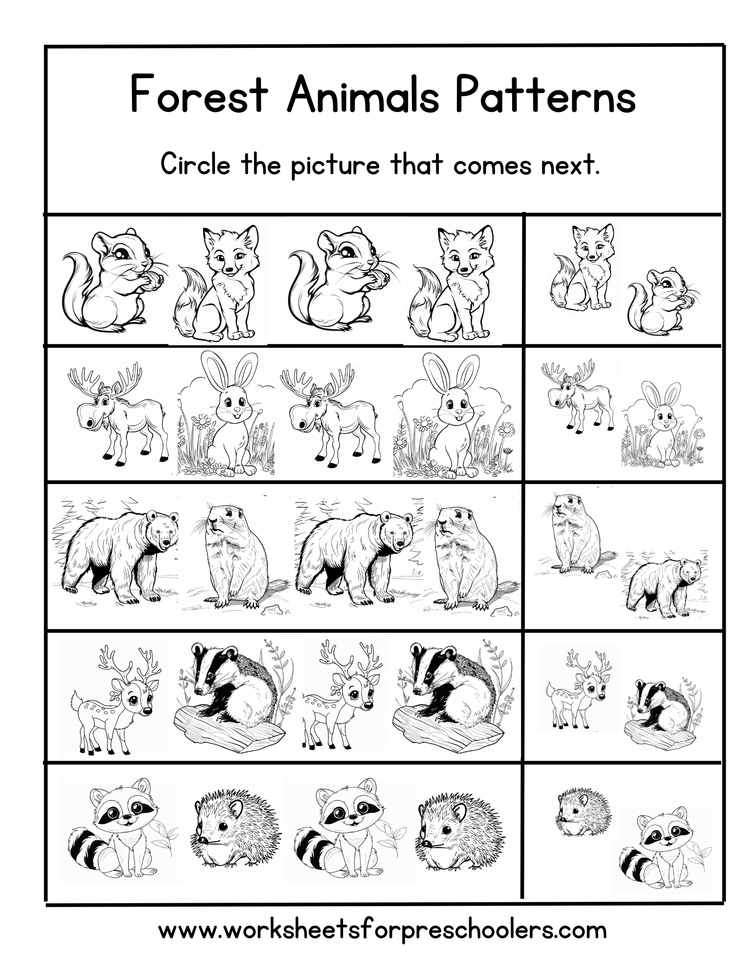 Forest Animals Pattern Recognition Worksheet