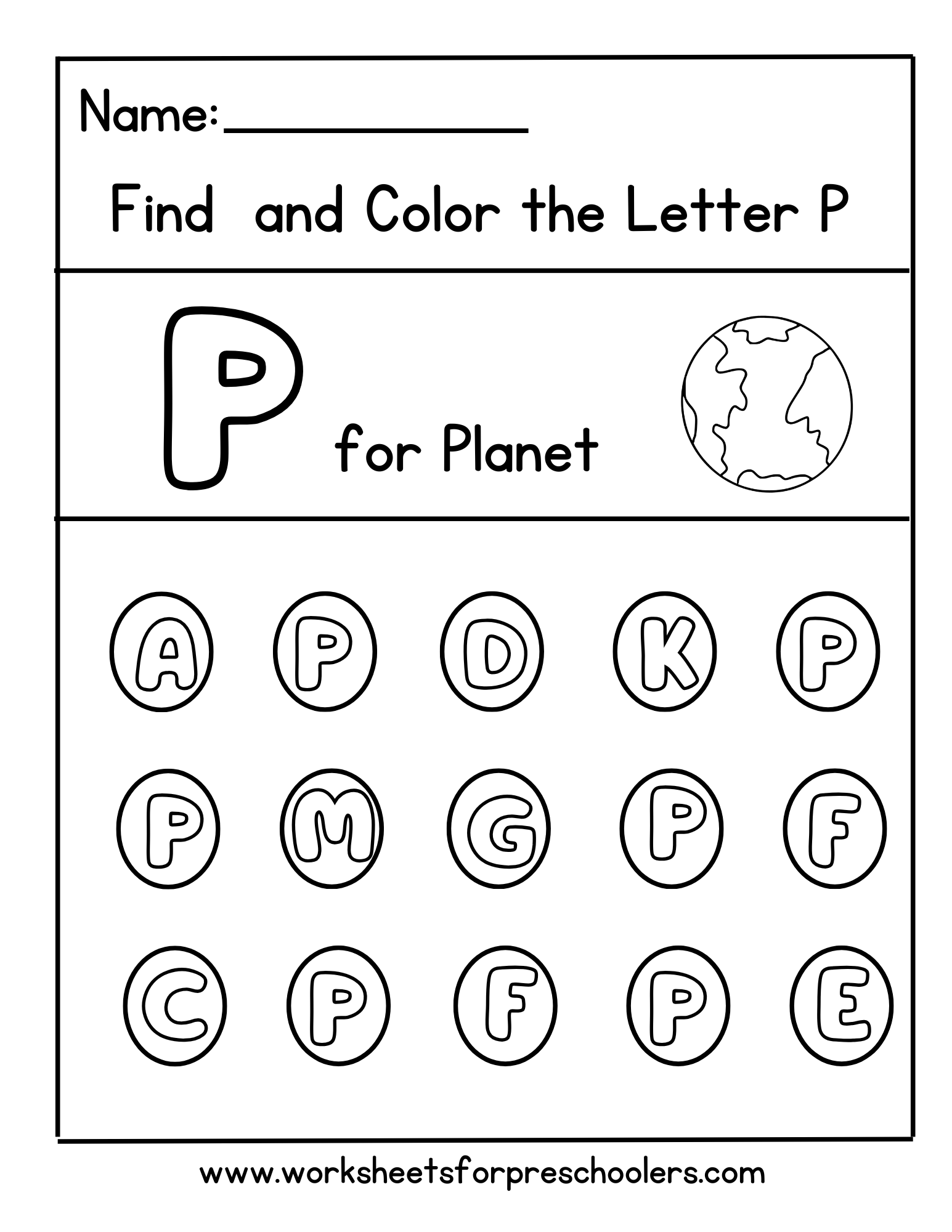 Find and Color Letter P for Planet Worksheet