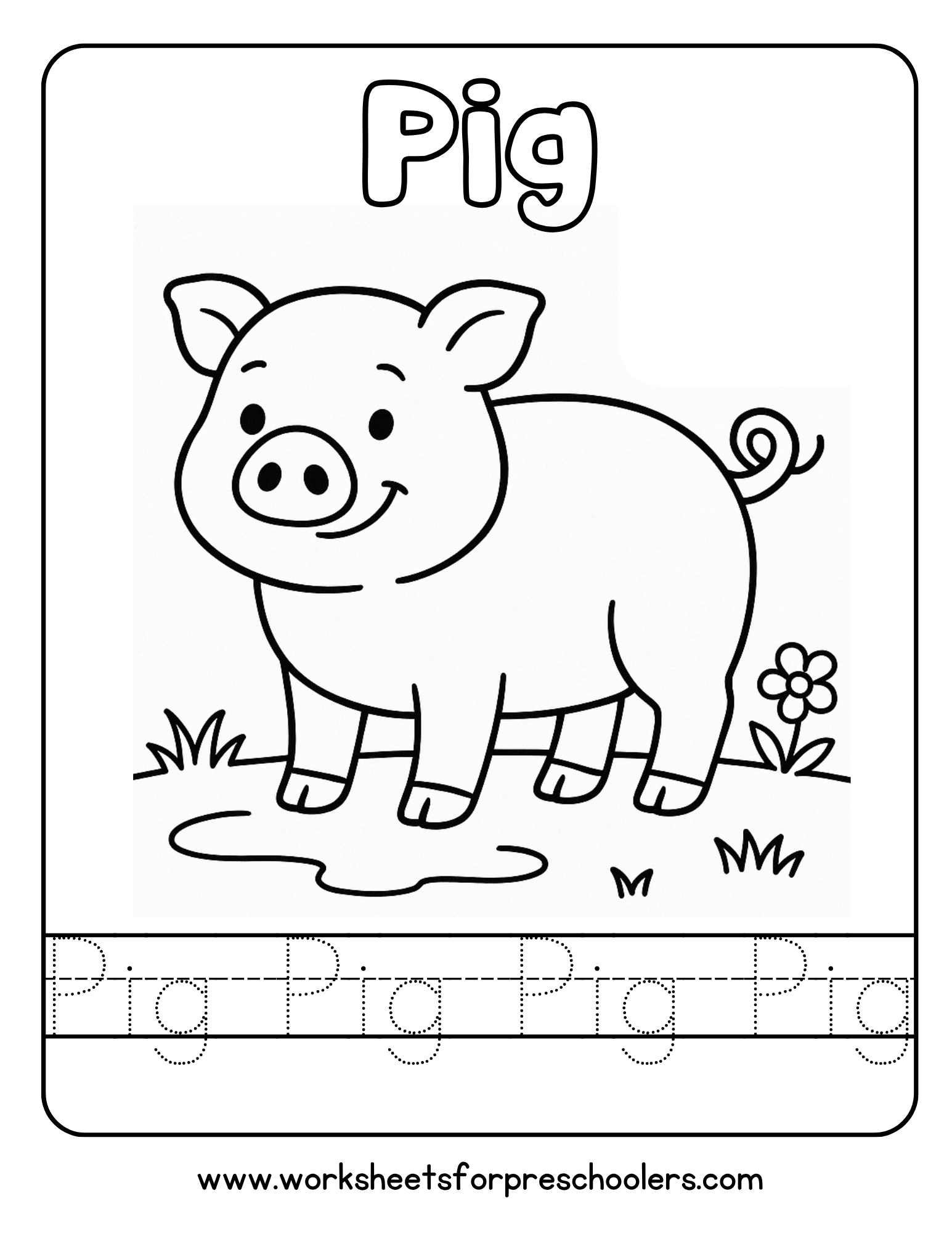 Pig Coloring and Tracing Worksheet