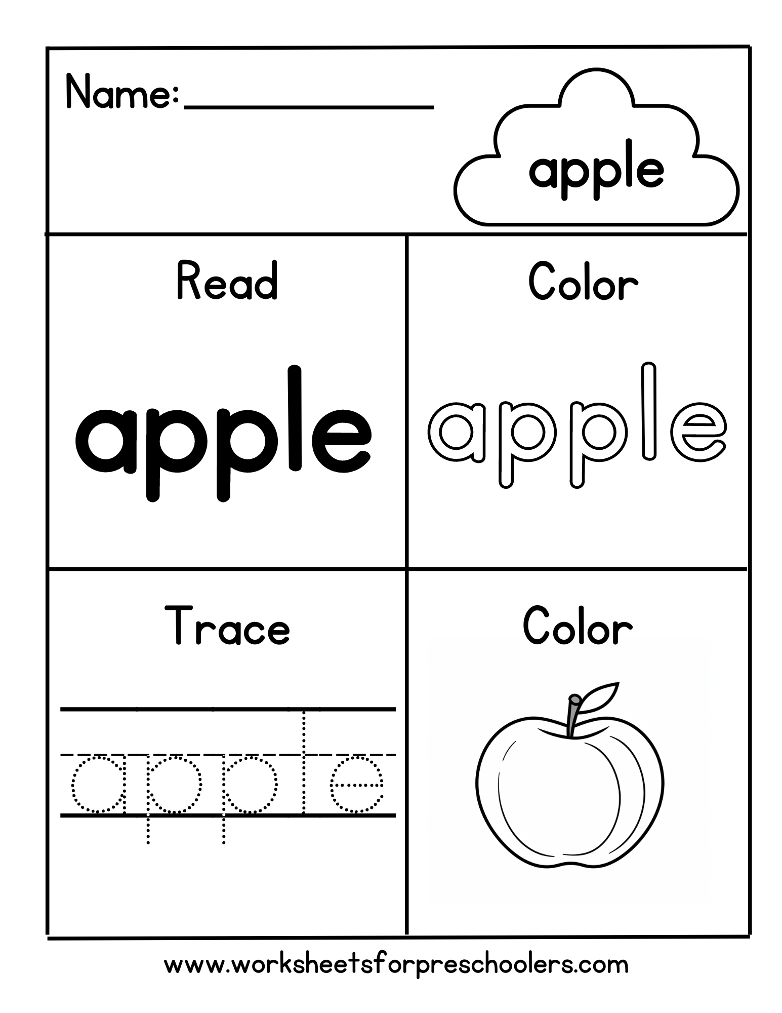 Preschool Read Trace and Color Sight Word Apple