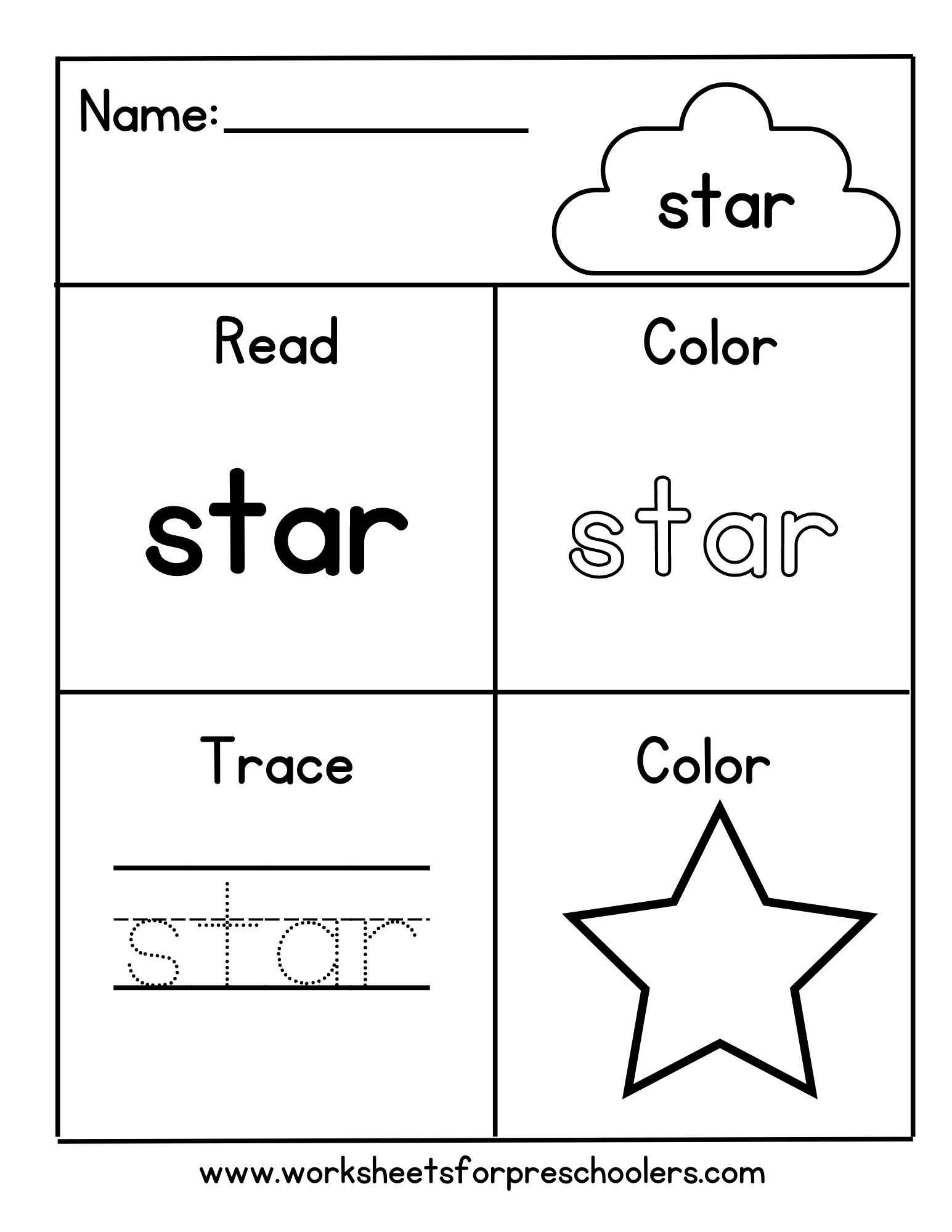 Preschool Color Trace Sight Word Star Worksheet