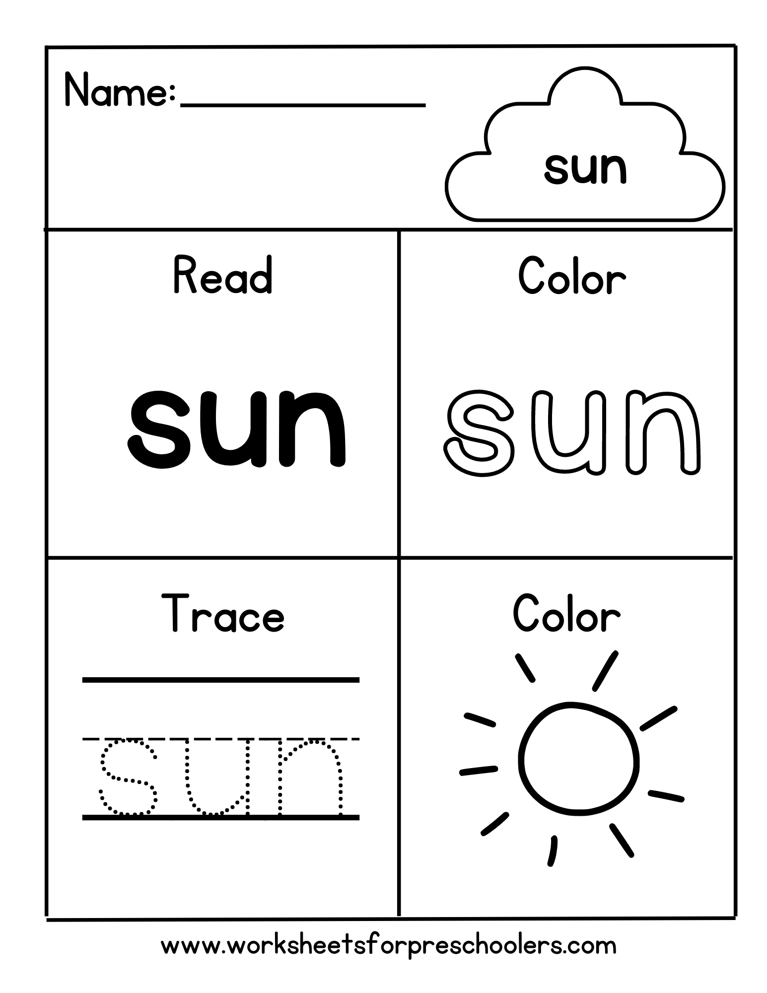 Preschool Color Trace Sight Word Sun Worksheet