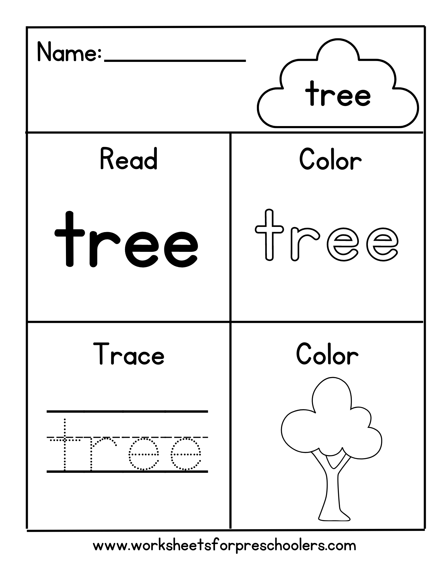 Preschool Color Trace Sight Word Tree Worksheet