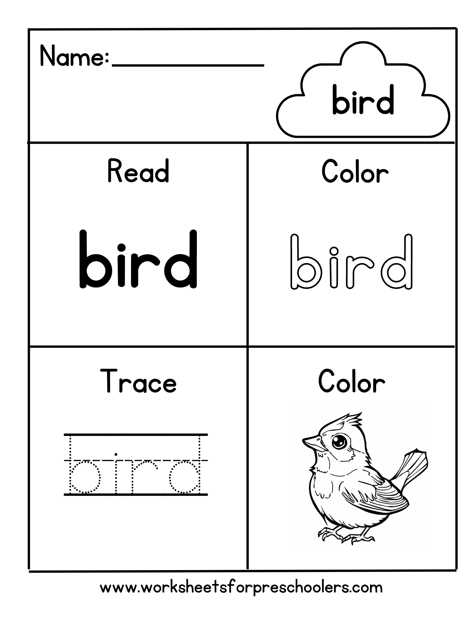 Preschool Color Trace Sight Word Bird Worksheet