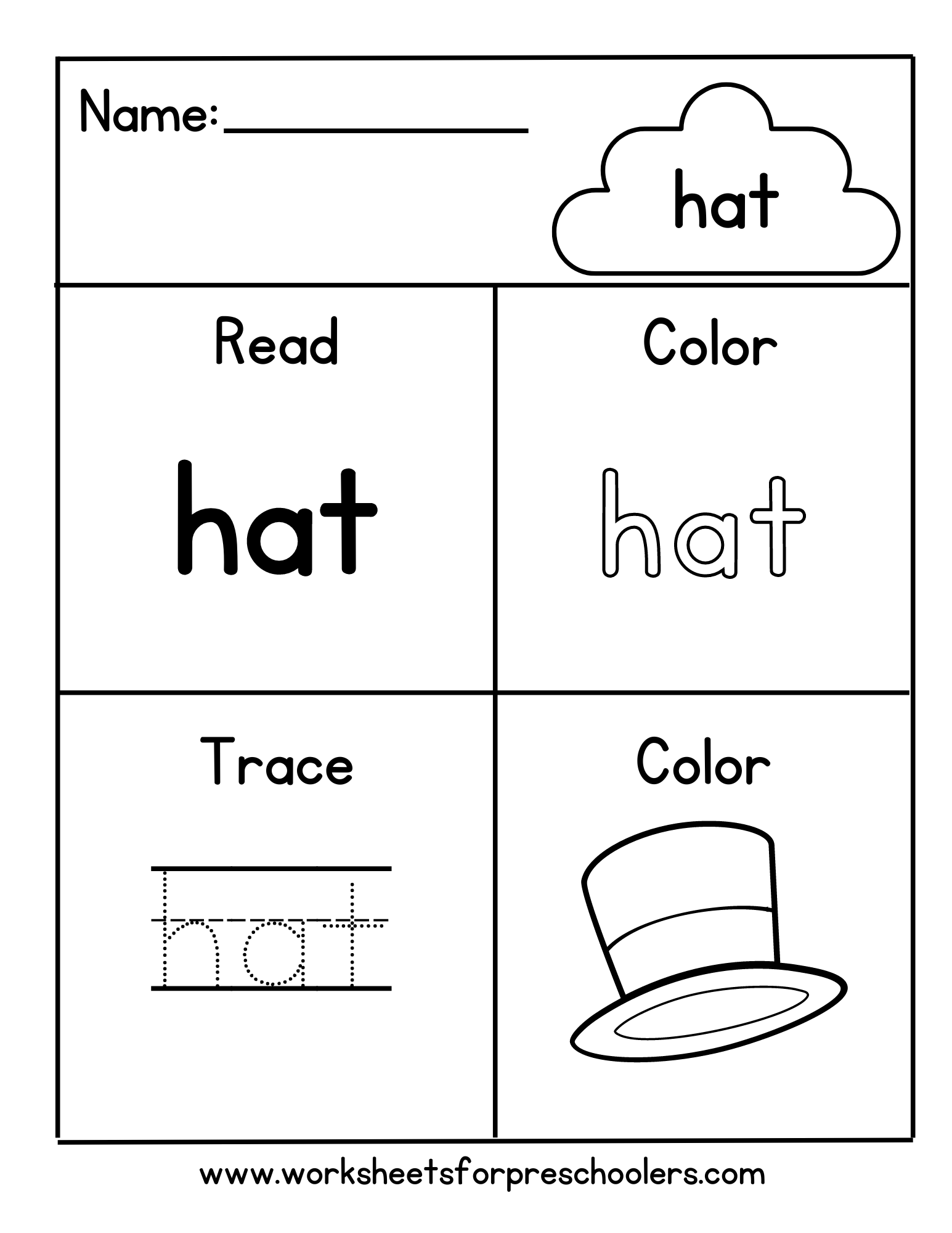 Preschool Color Trace Sight Word Hat Worksheet