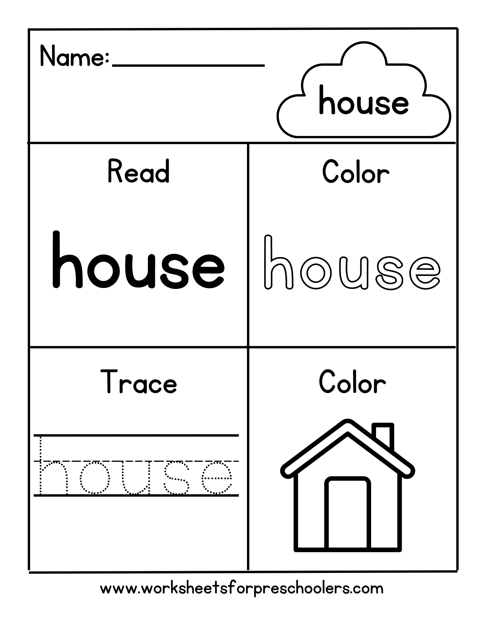 Preschool Color Trace Sight Word House Worksheet