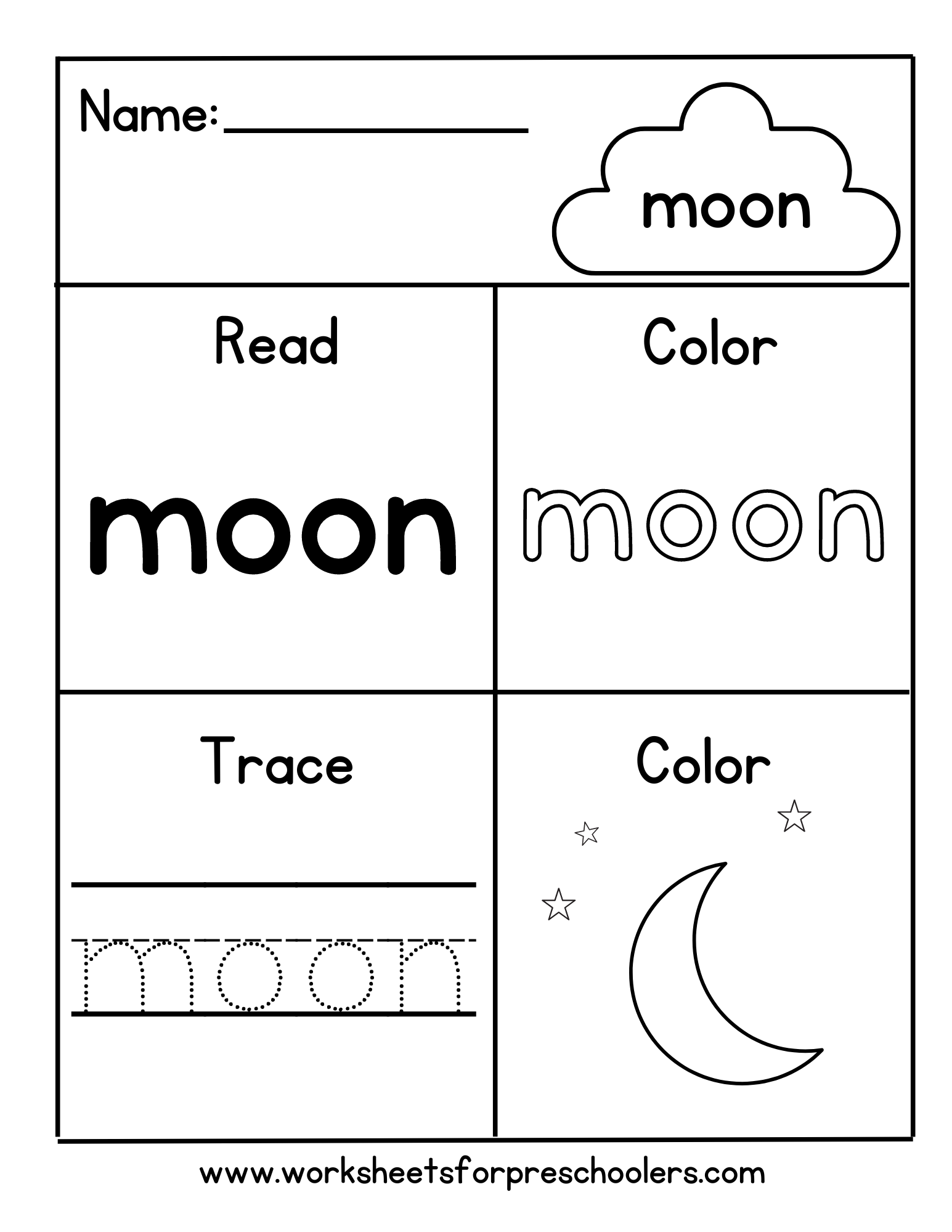 Preschool Color Trace Sight Word Moon Worksheet