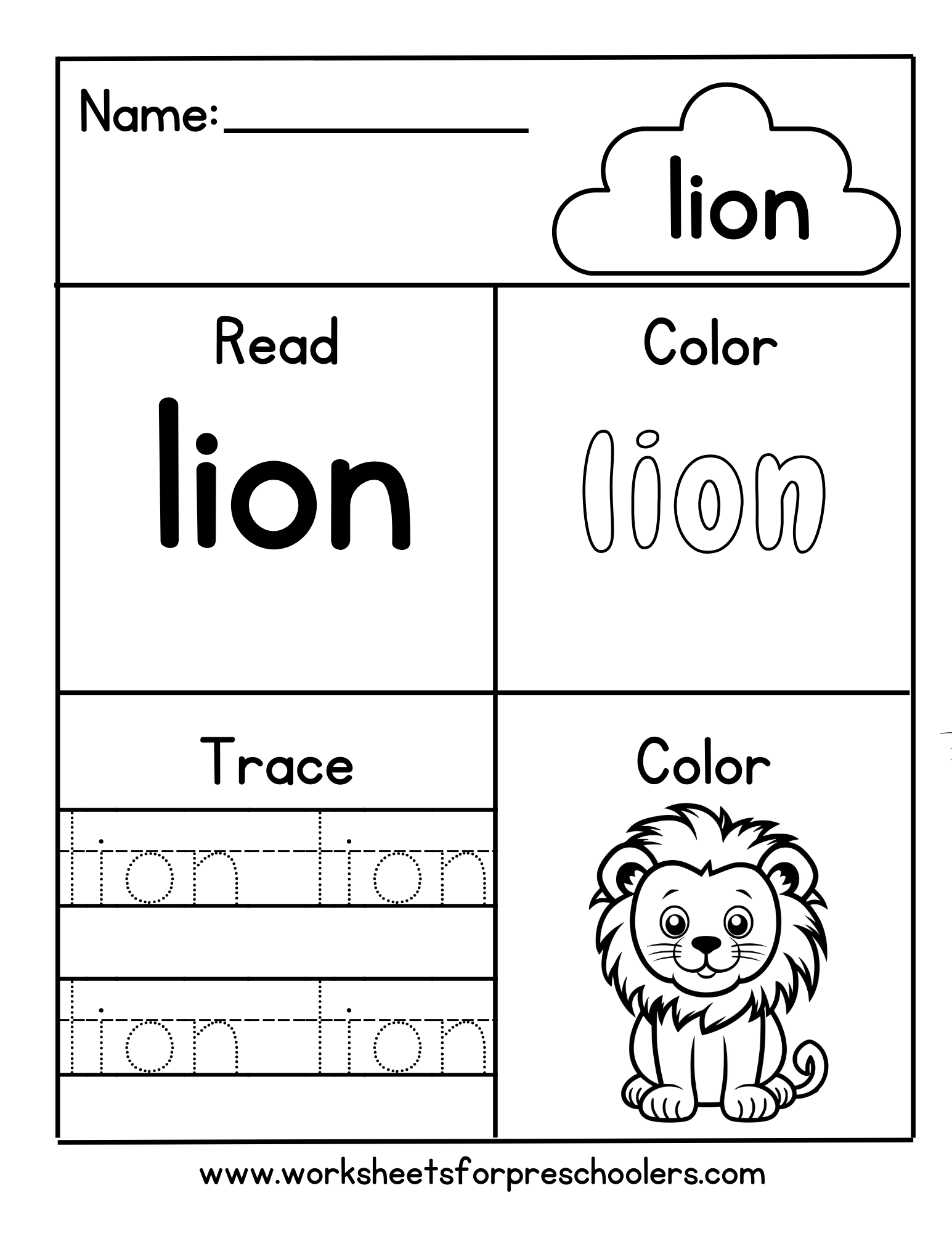 Read and Write Word Lion Worksheet
