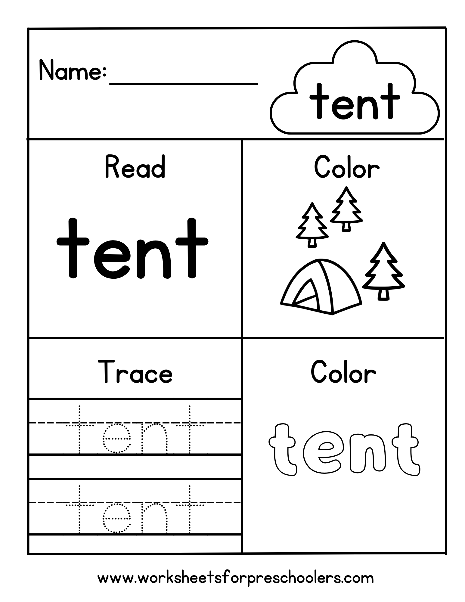 Read Trace  and Color the word Tent