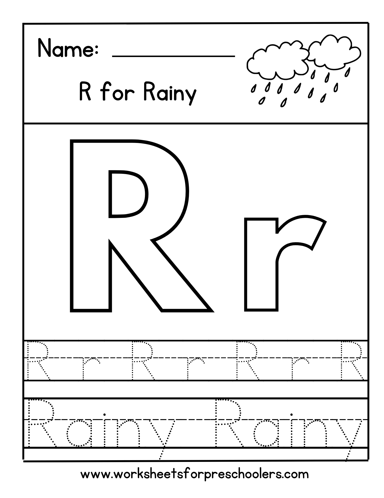 R for Rainy Letter Tracing Worksheet 