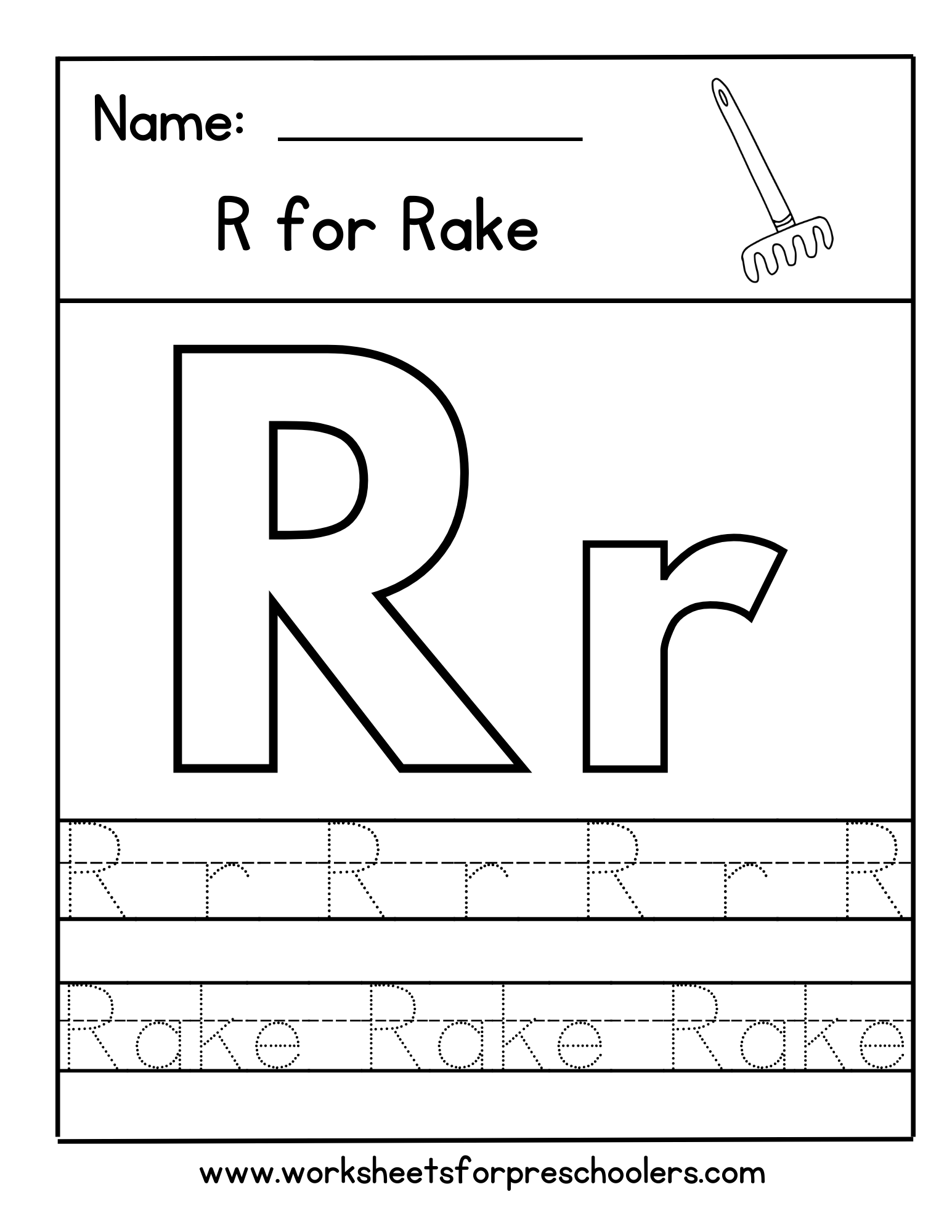 R for Rake Letter Tracing Worksheet