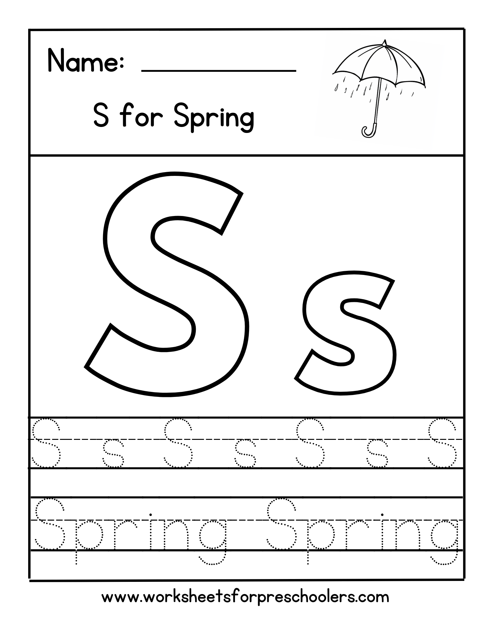 Letter S for Spring Tracing Worksheet