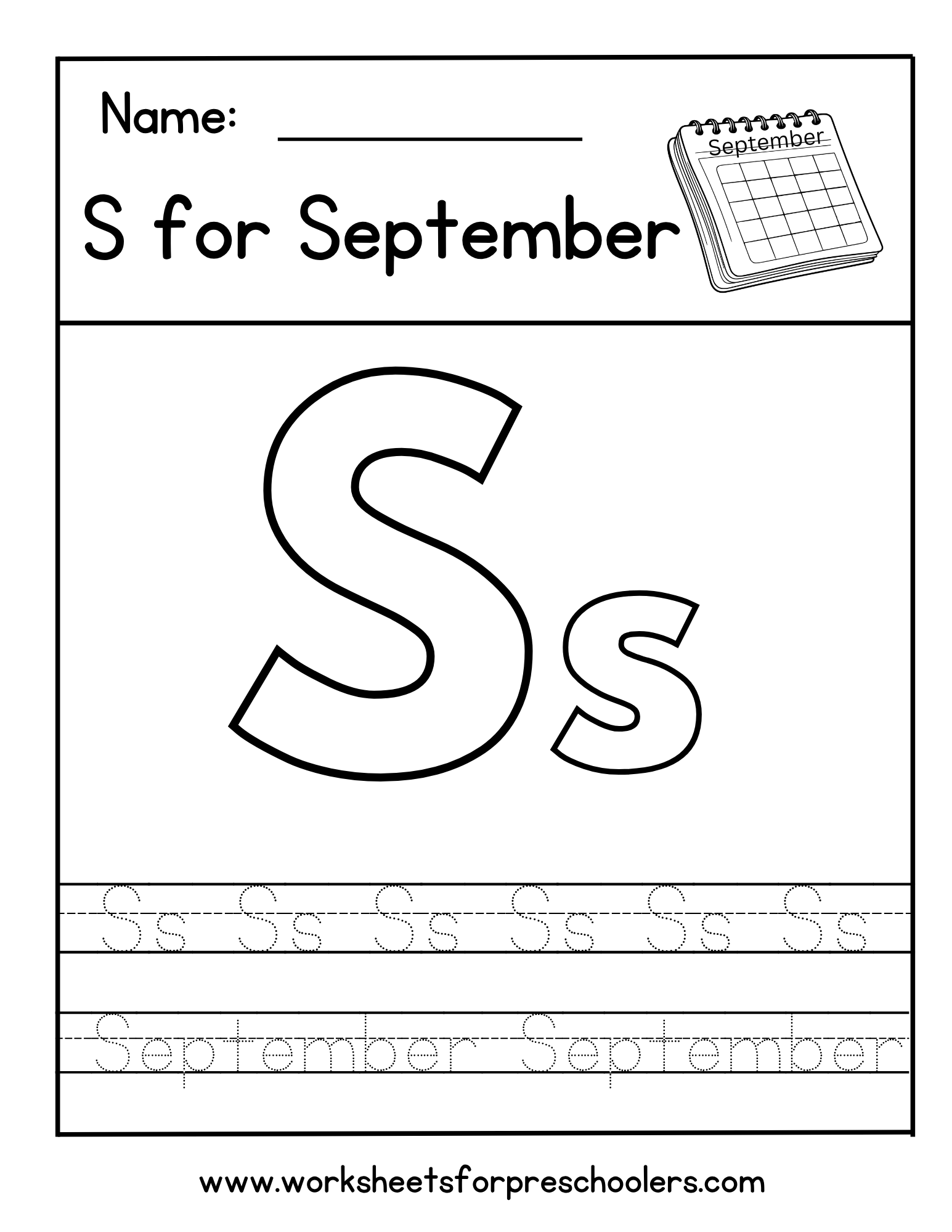 S for September Tracing Worksheet