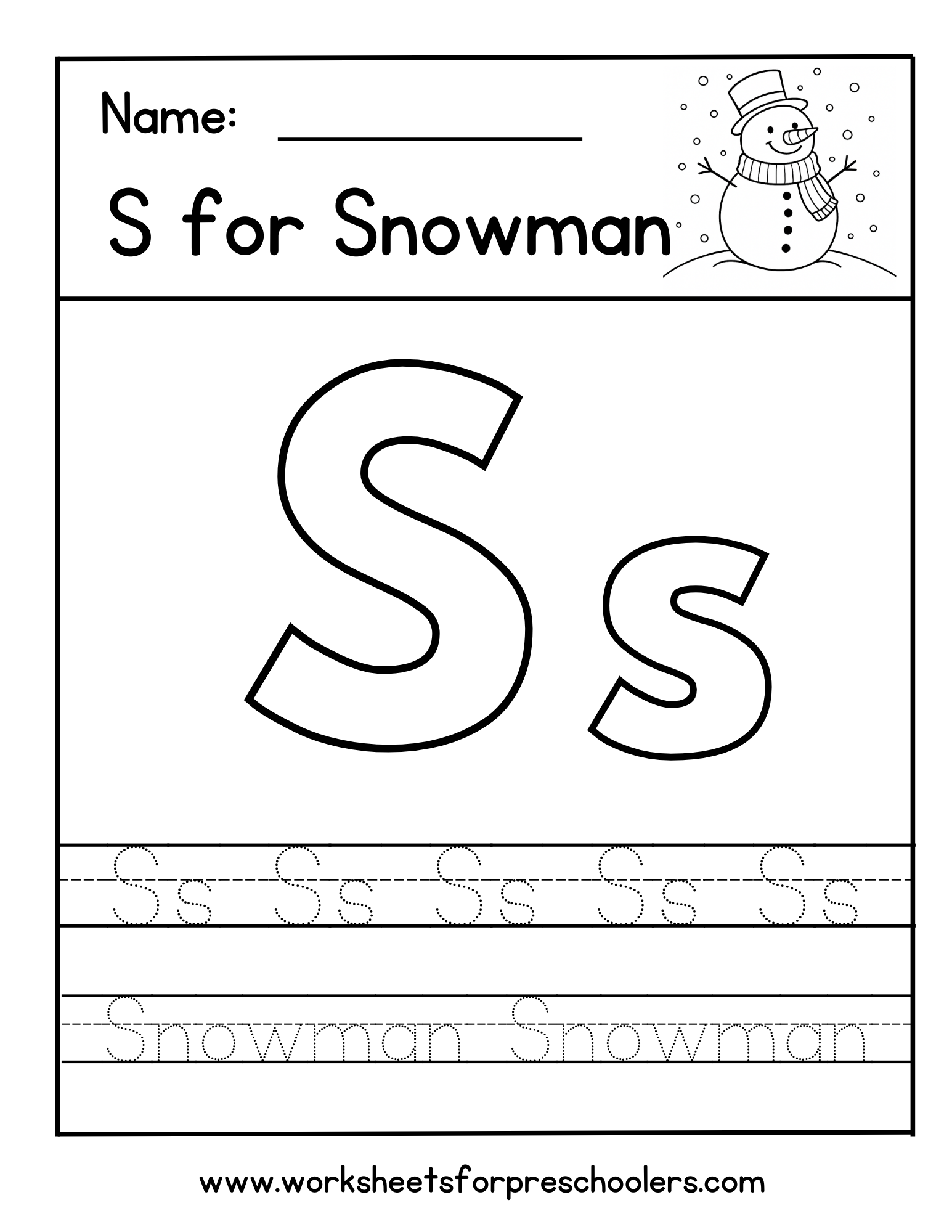 S for Snowman Tracing Worksheet
